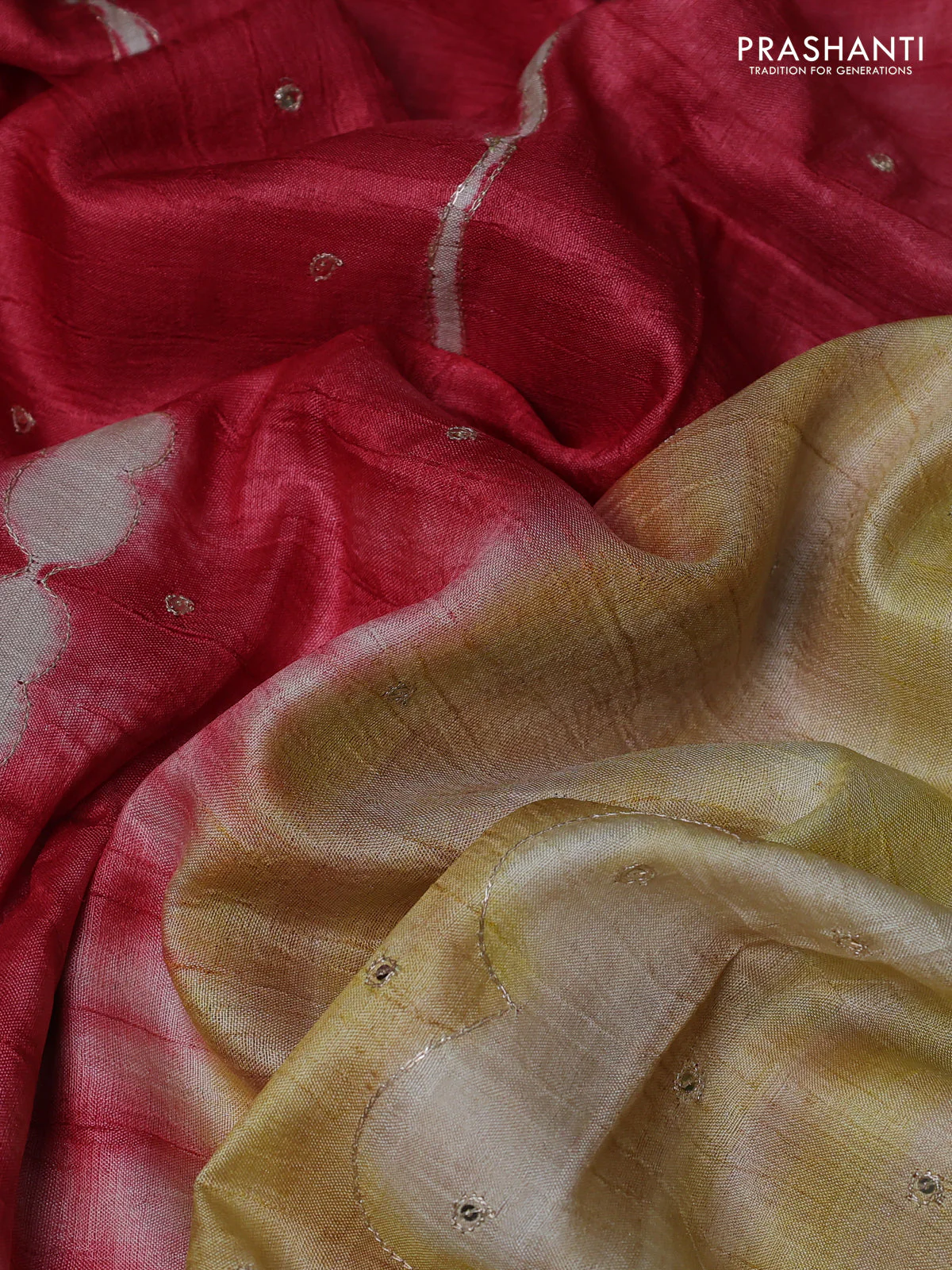 Pure tussar silk saree red and orange with tie & dye prints and pita work pallu - Image 3