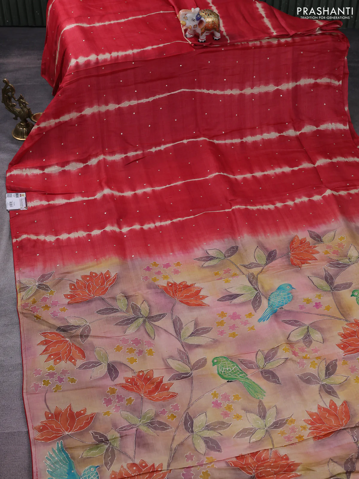 Pure tussar silk saree red and pastel brown with tie & dye prints and pita work pallu - Image 2