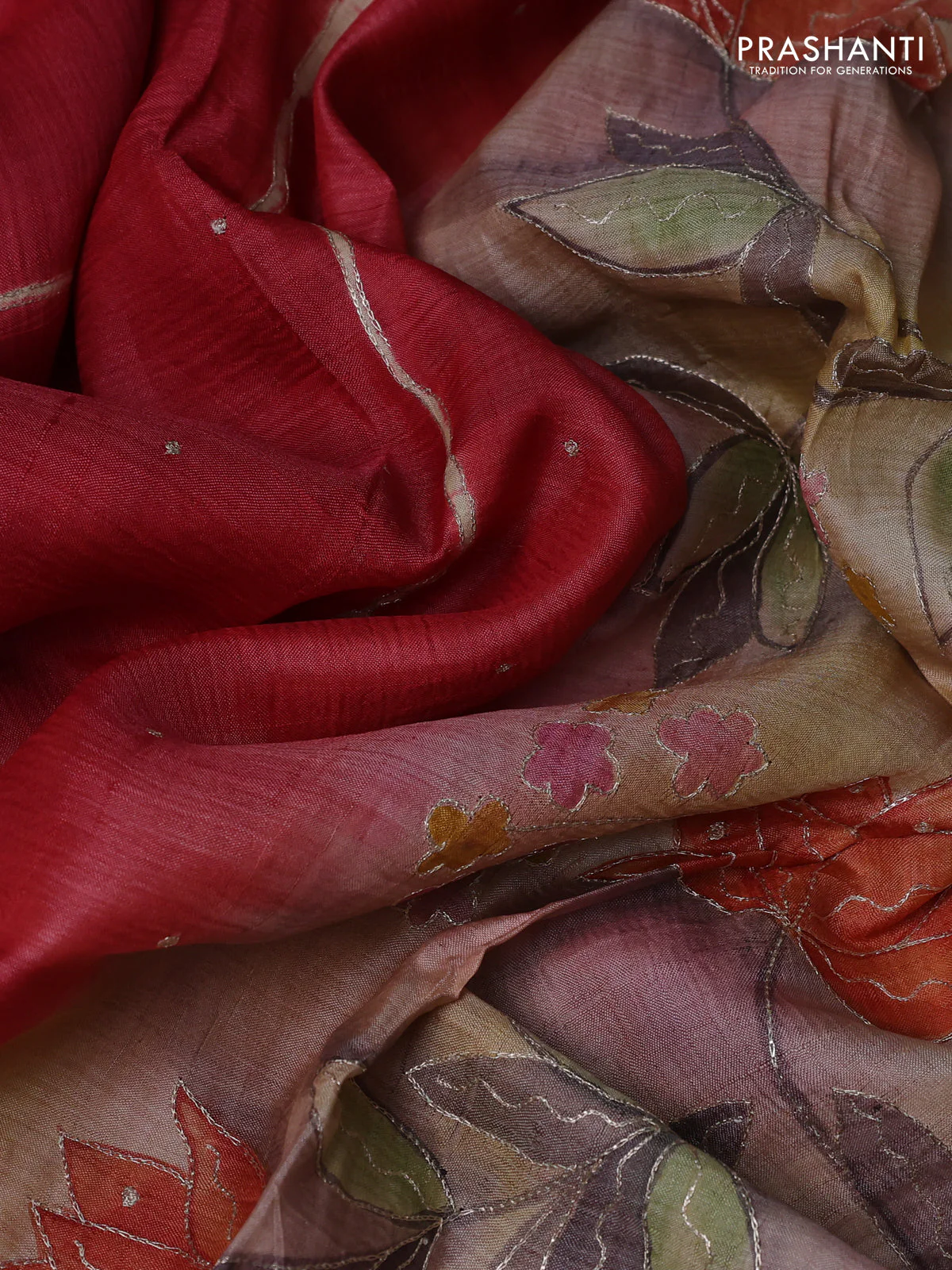 Pure tussar silk saree red and pastel brown with tie & dye prints and pita work pallu - Image 3