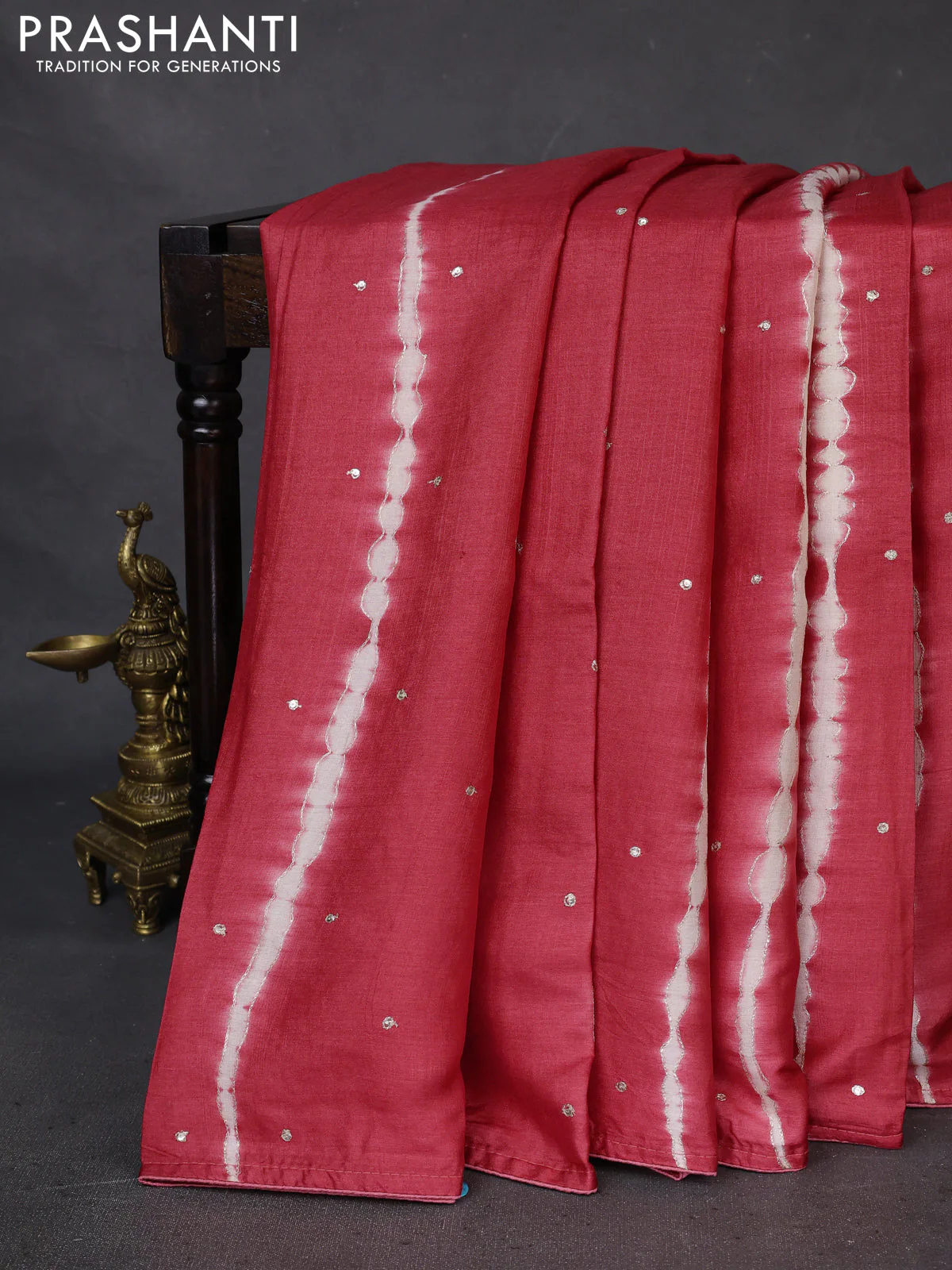Pure tussar silk saree red and pastel peach with tie & dye prints and pita work pallu