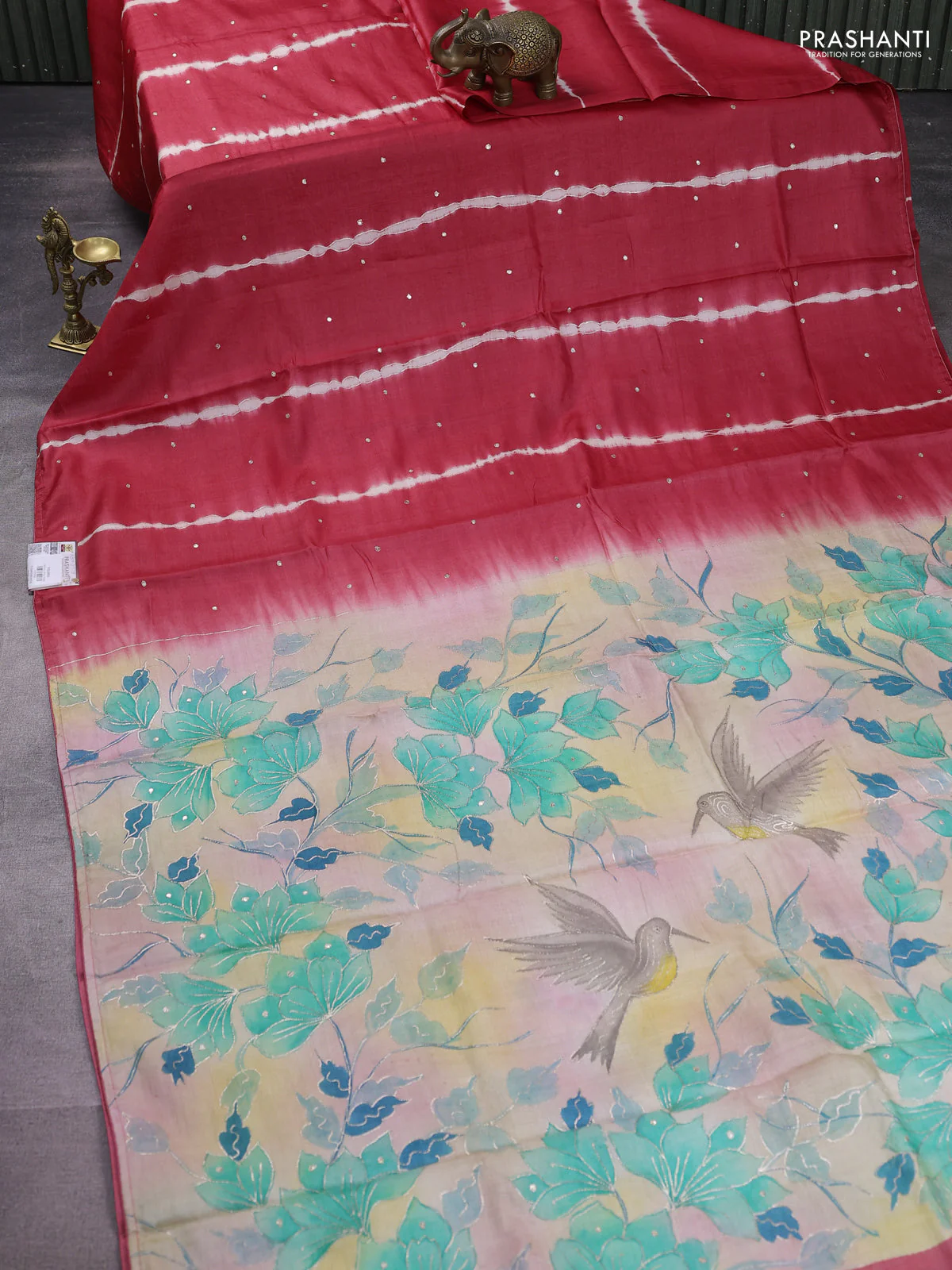 Pure tussar silk saree red and pastel peach with tie & dye prints and pita work pallu - Image 2