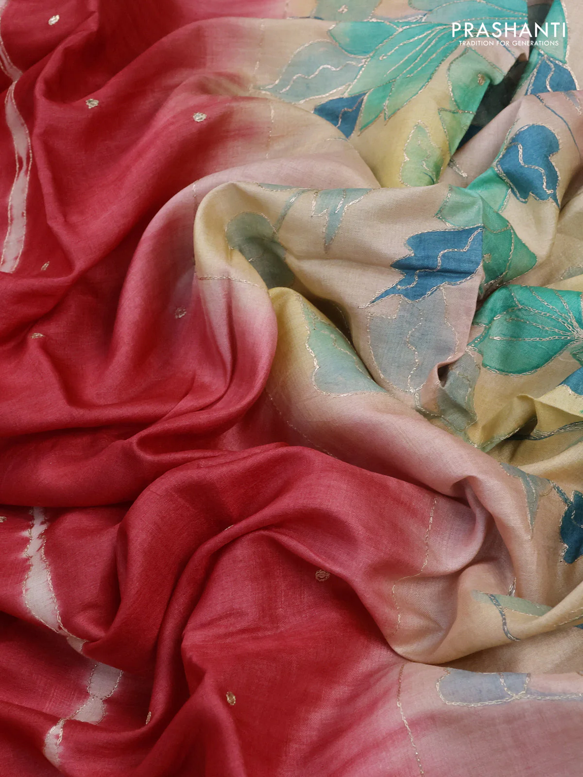 Pure tussar silk saree red and pastel peach with tie & dye prints and pita work pallu - Image 3