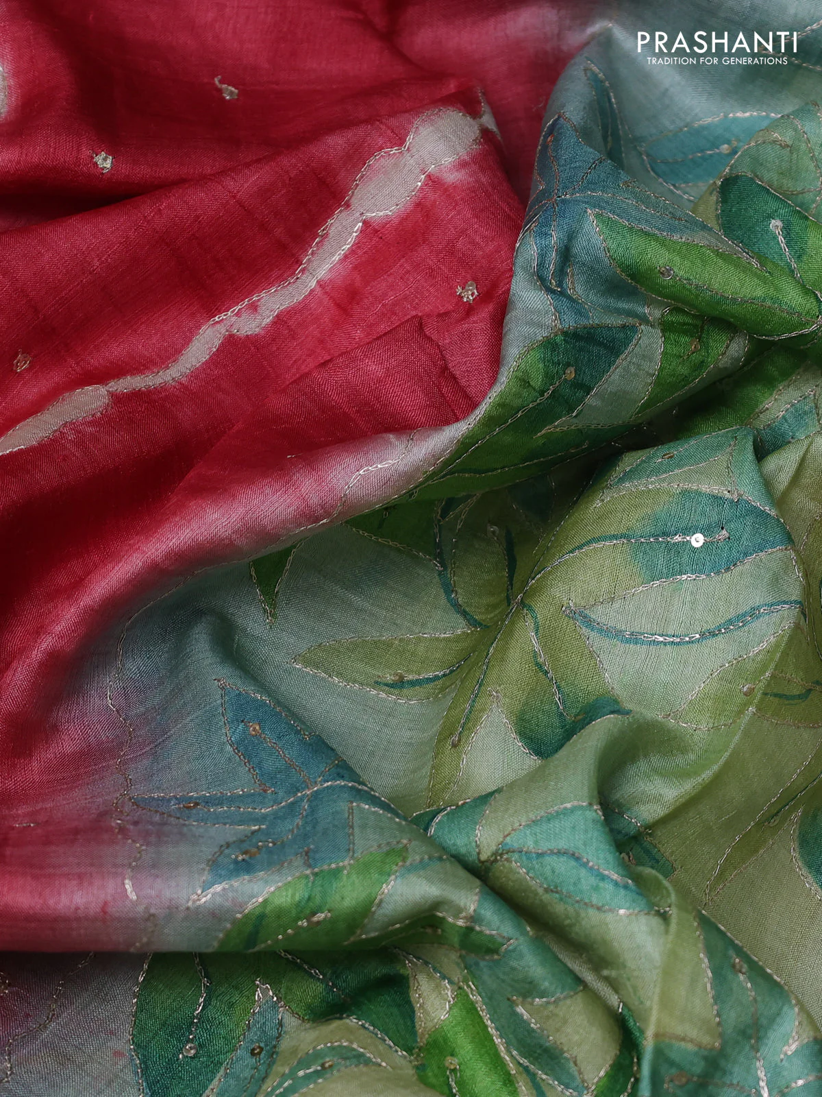 Pure tussar silk saree red and teal blue shade with tie & dye prints and pita work pallu - Image 3