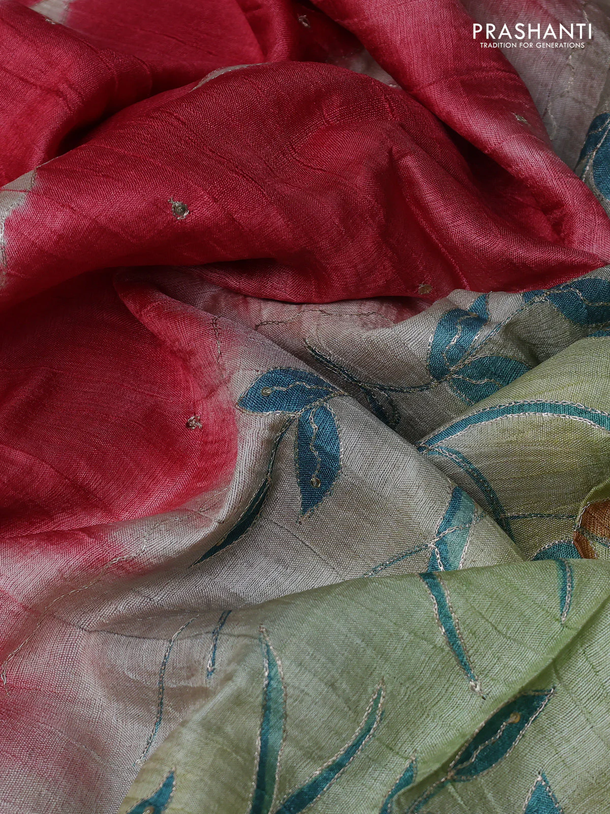 Pure tussar silk saree red shade and grey shade with tie & dye prints and pita work pallu - Image 3