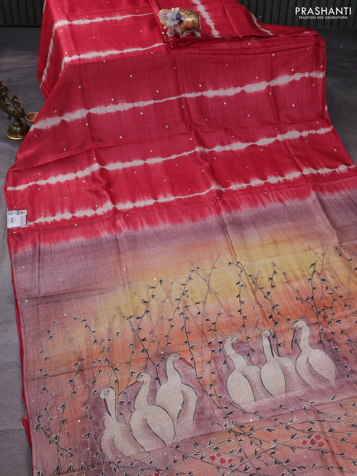 Pure tussar silk saree red shade and sandal with tie & dye prints and pita work pallu - Image 2