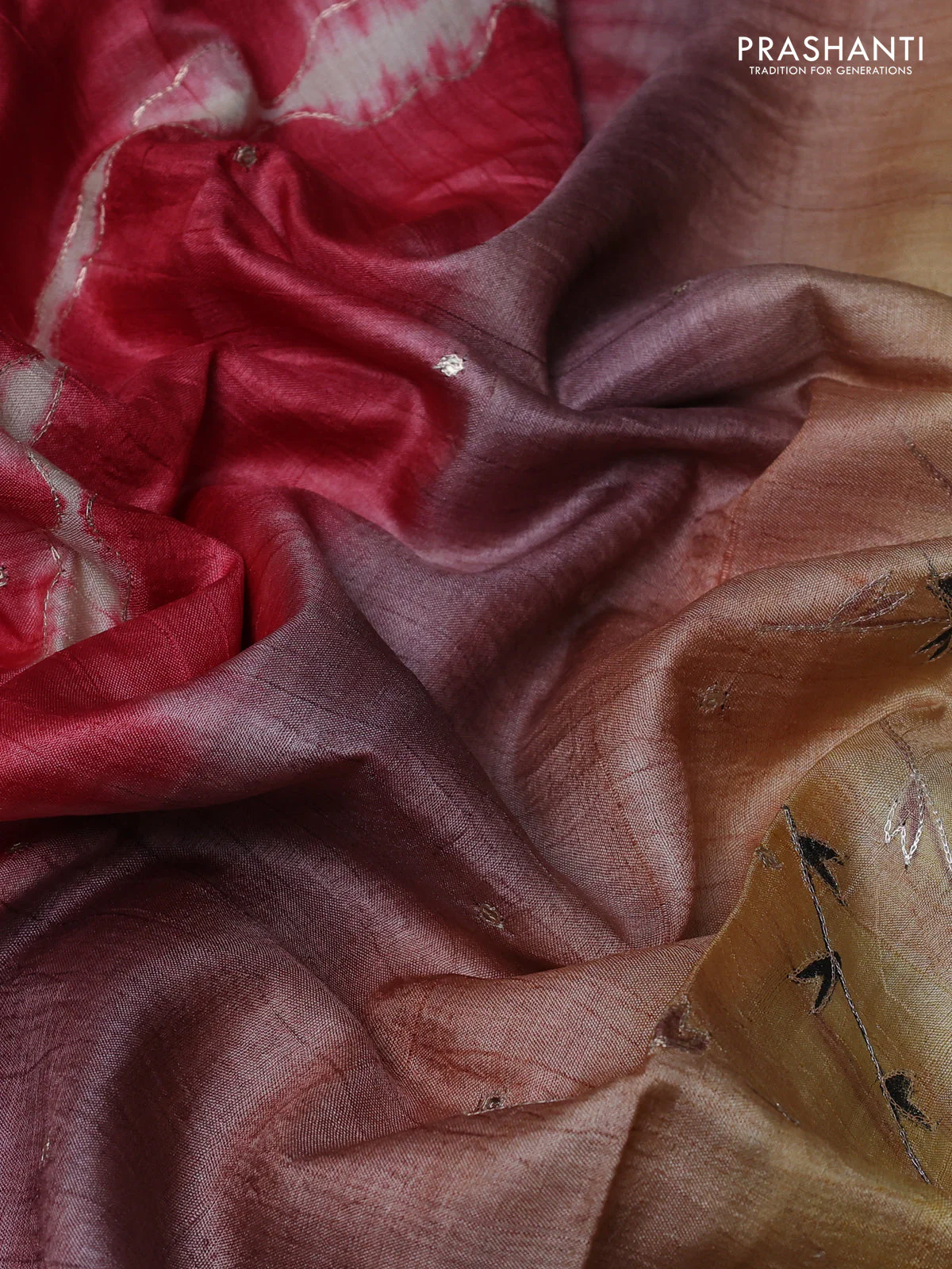 Pure tussar silk saree red shade and sandal with tie & dye prints and pita work pallu - Image 3