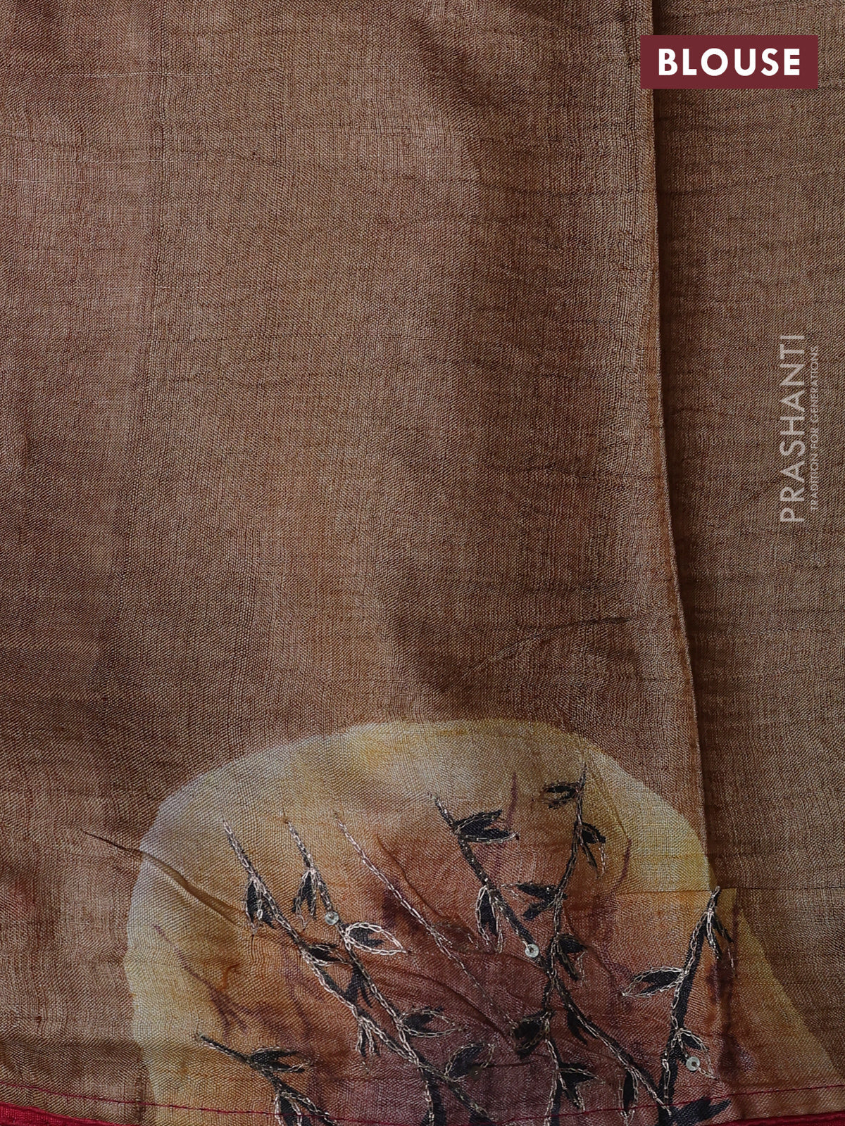 Pure tussar silk saree red shade and sandal with tie & dye prints and pita work pallu - Image 4