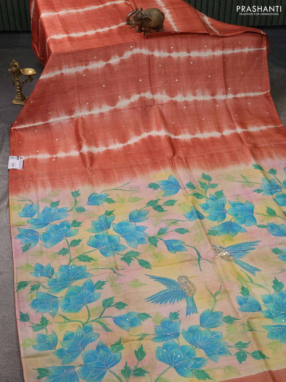 Pure tussar silk saree rust sahde and cream with tie & dye prints and pita work pallu - Image 2