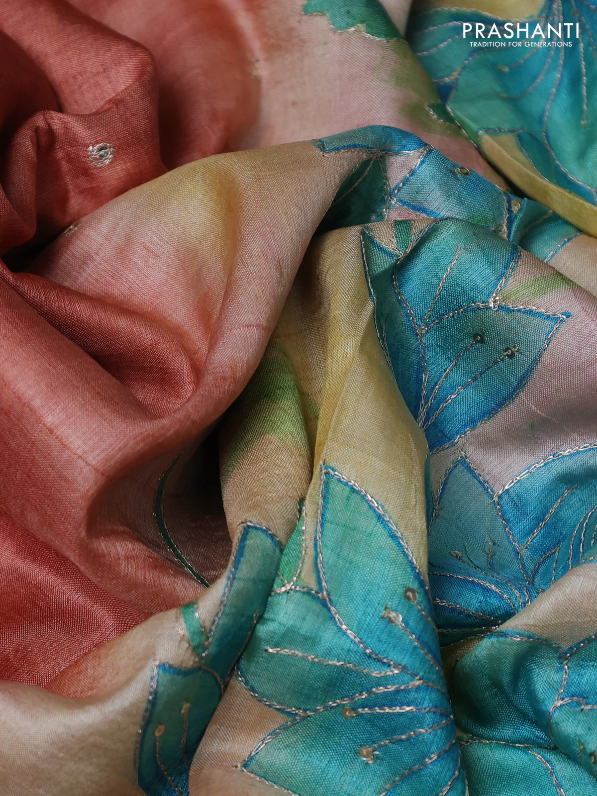 Pure tussar silk saree rust sahde and cream with tie & dye prints and pita work pallu - Image 3