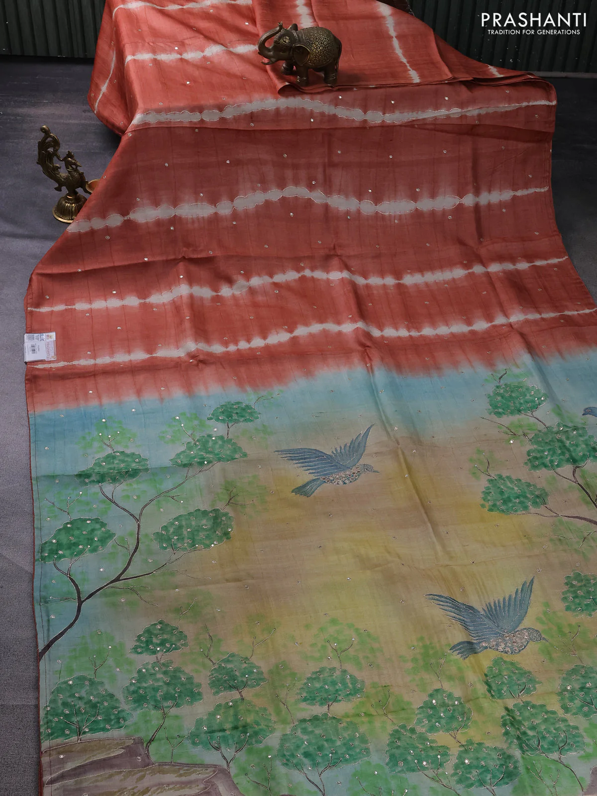 Pure tussar silk saree rust sgade and beige with tie & dye prints & pita work and embroidery pallu - Image 2