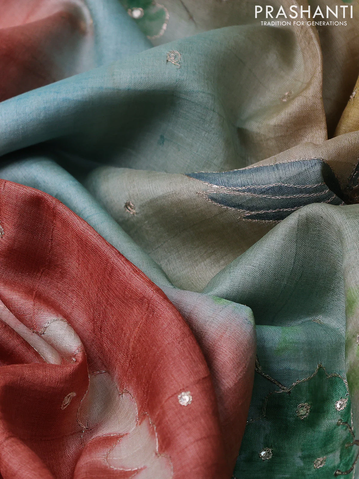 Pure tussar silk saree rust sgade and beige with tie & dye prints & pita work and embroidery pallu - Image 3