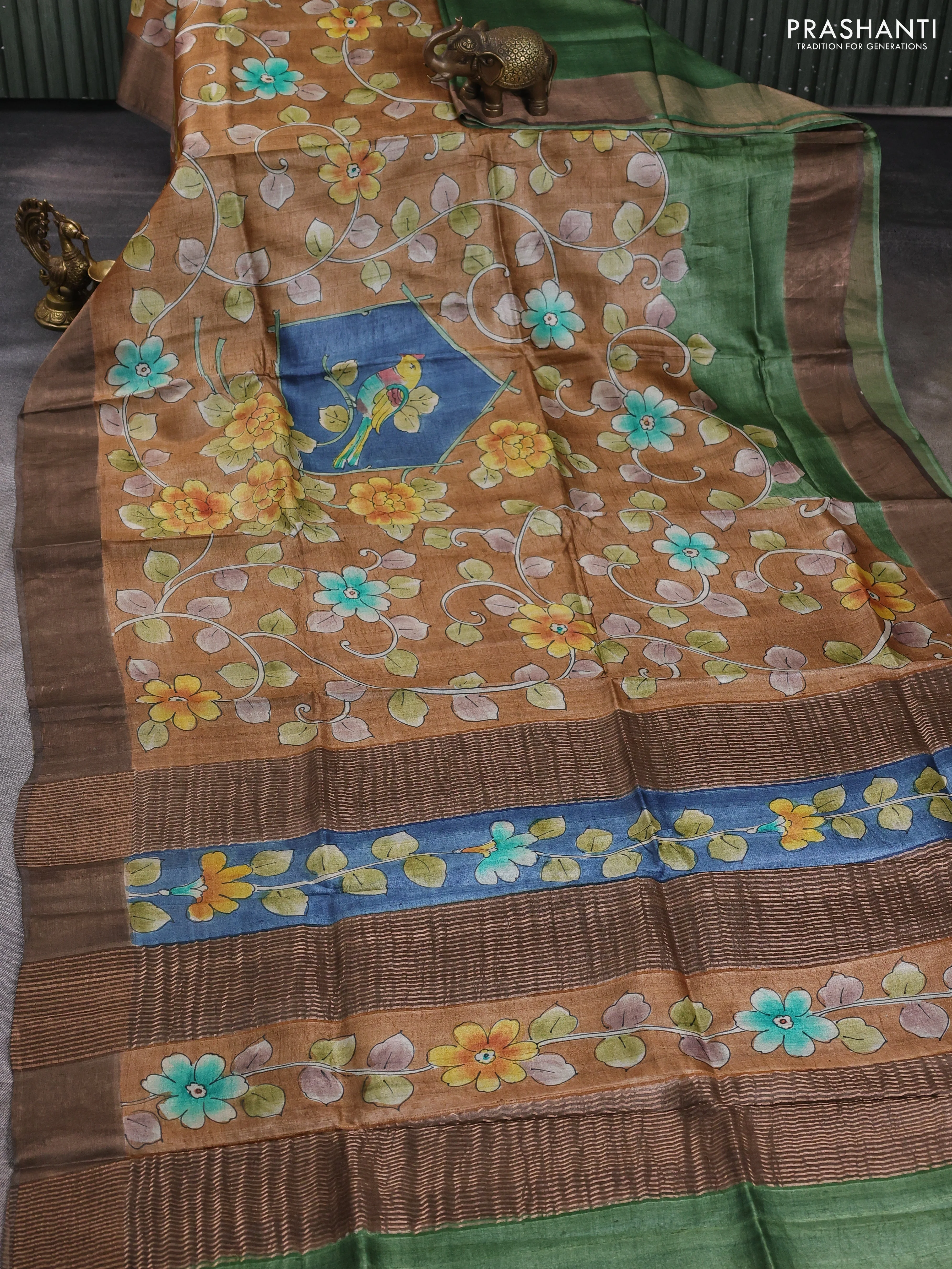 Pure tussar silk saree rust shade and brown with allover hand painted prints and zari woven border - Image 2