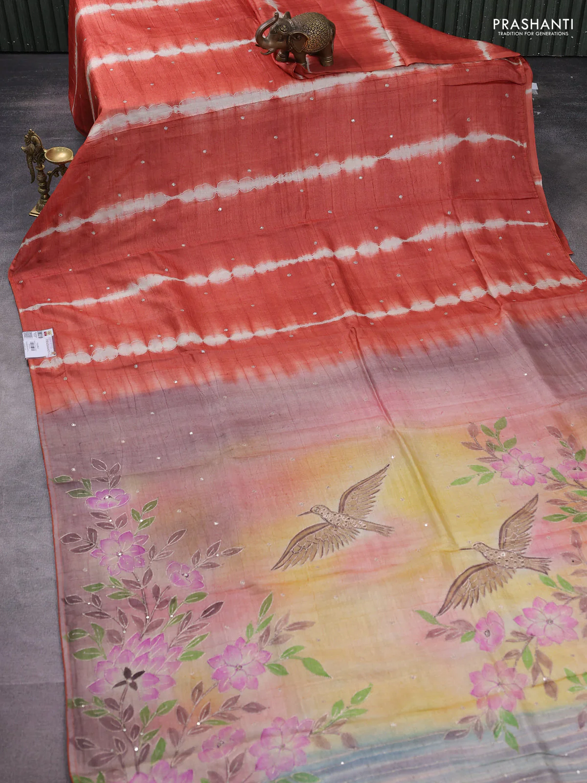 Pure tussar silk saree rust shade and pastel brown shade with tie & dye prints and pita work pallu - Image 2