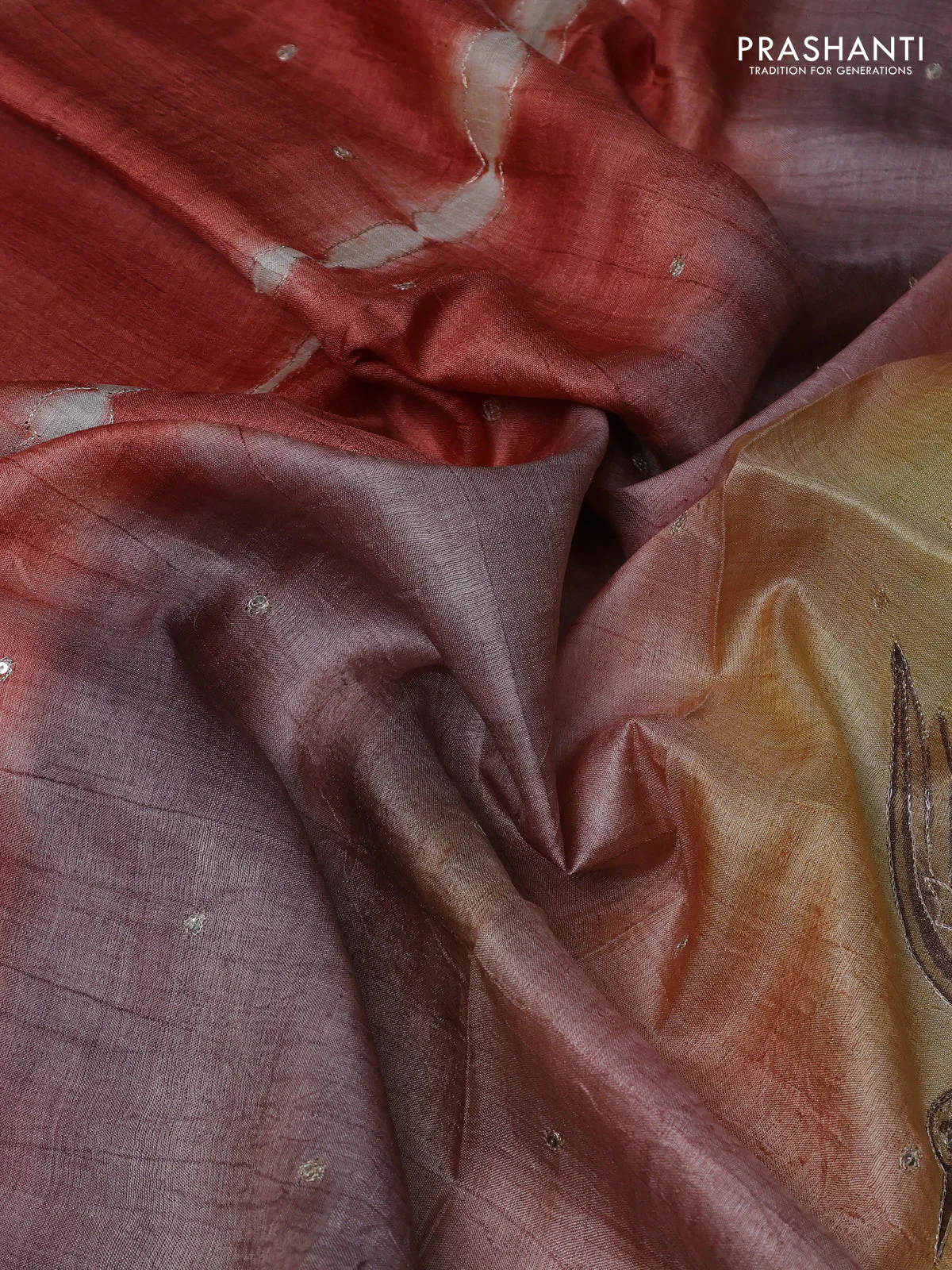 Pure tussar silk saree rust shade and pastel brown shade with tie & dye prints and pita work pallu - Image 3
