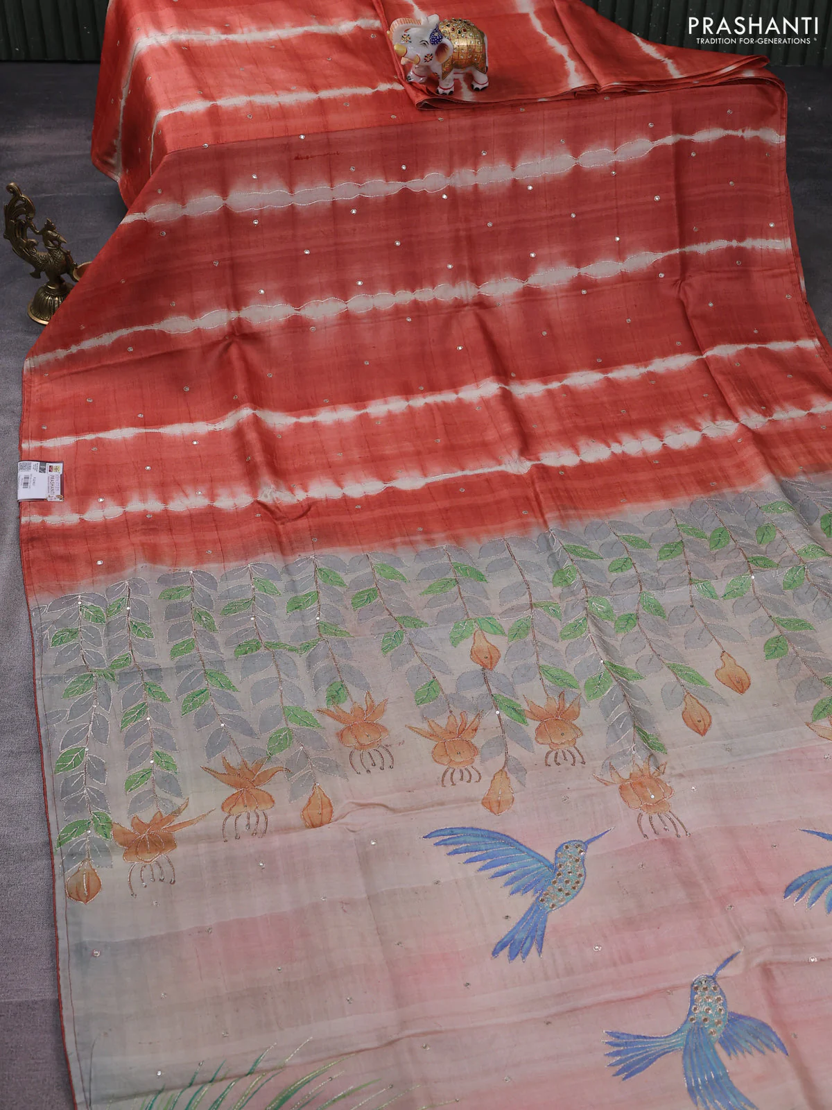 Pure tussar silk saree rustic orange and pastel grey with tie & dye prints and pita work pallu - Image 2