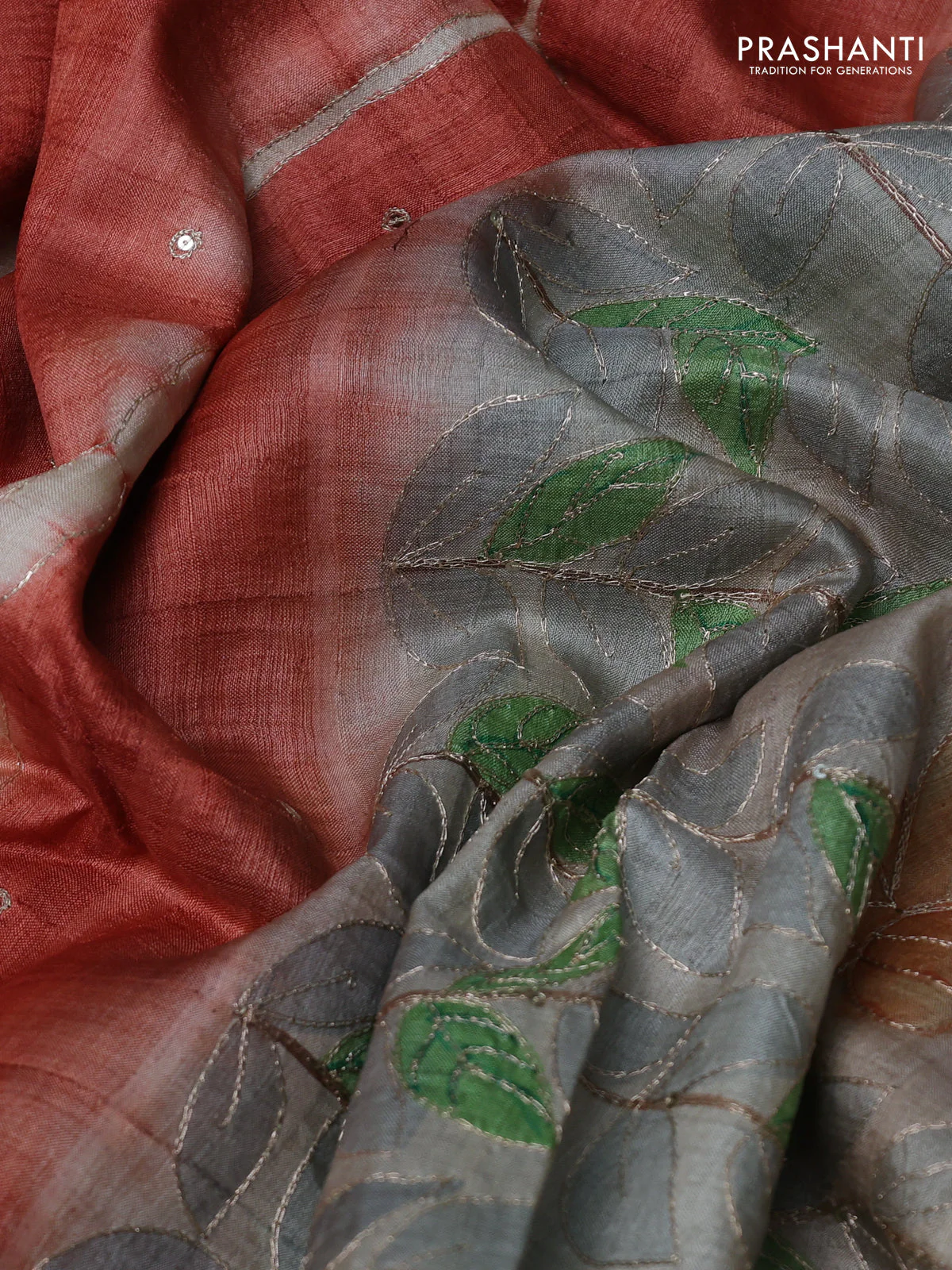 Pure tussar silk saree rustic orange and pastel grey with tie & dye prints and pita work pallu - Image 3