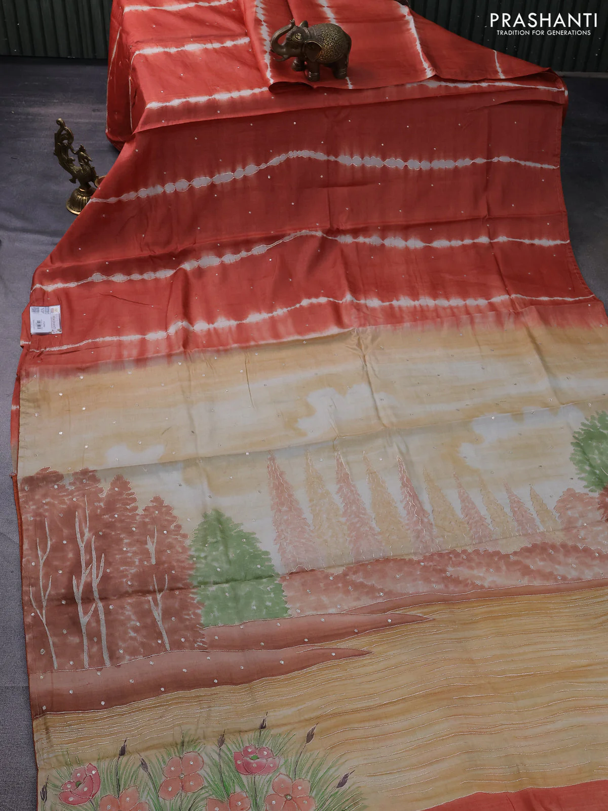 Pure tussar silk saree rustic orange and sandal with tie & dye prints & pita work and embroidery pallu - Image 2