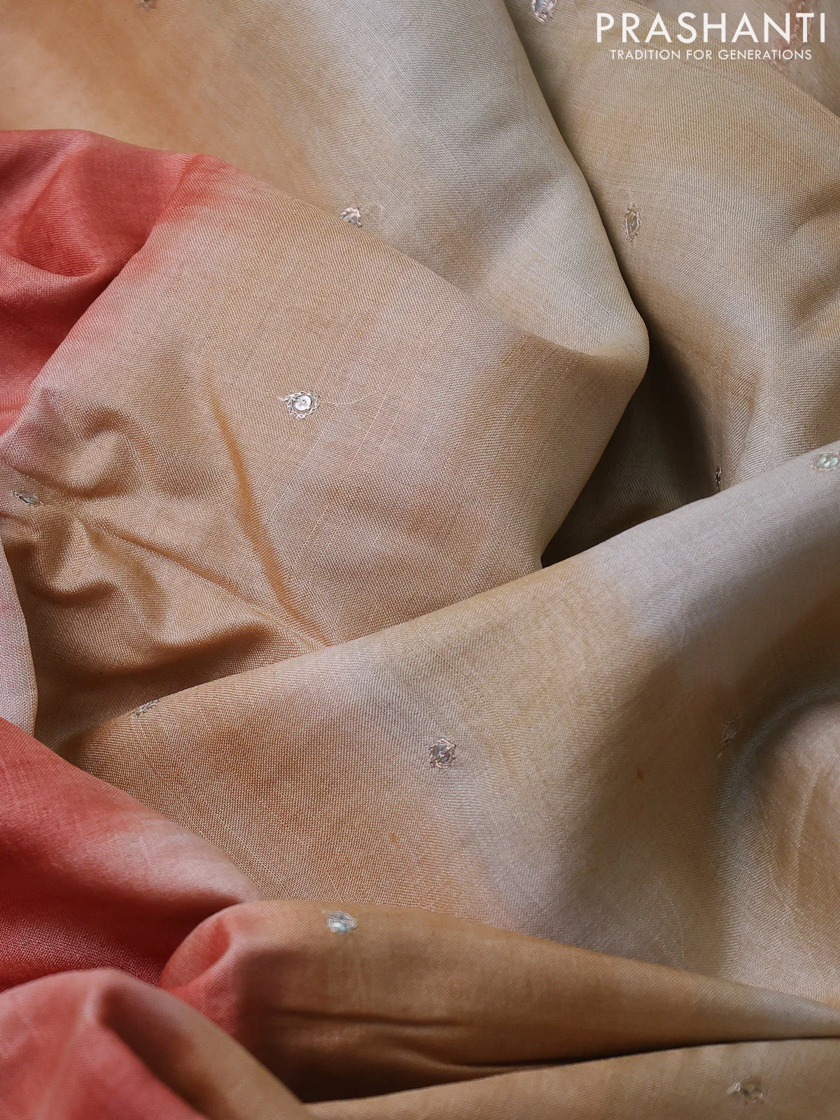 Pure tussar silk saree rustic orange and sandal with tie & dye prints & pita work and embroidery pallu - Image 3