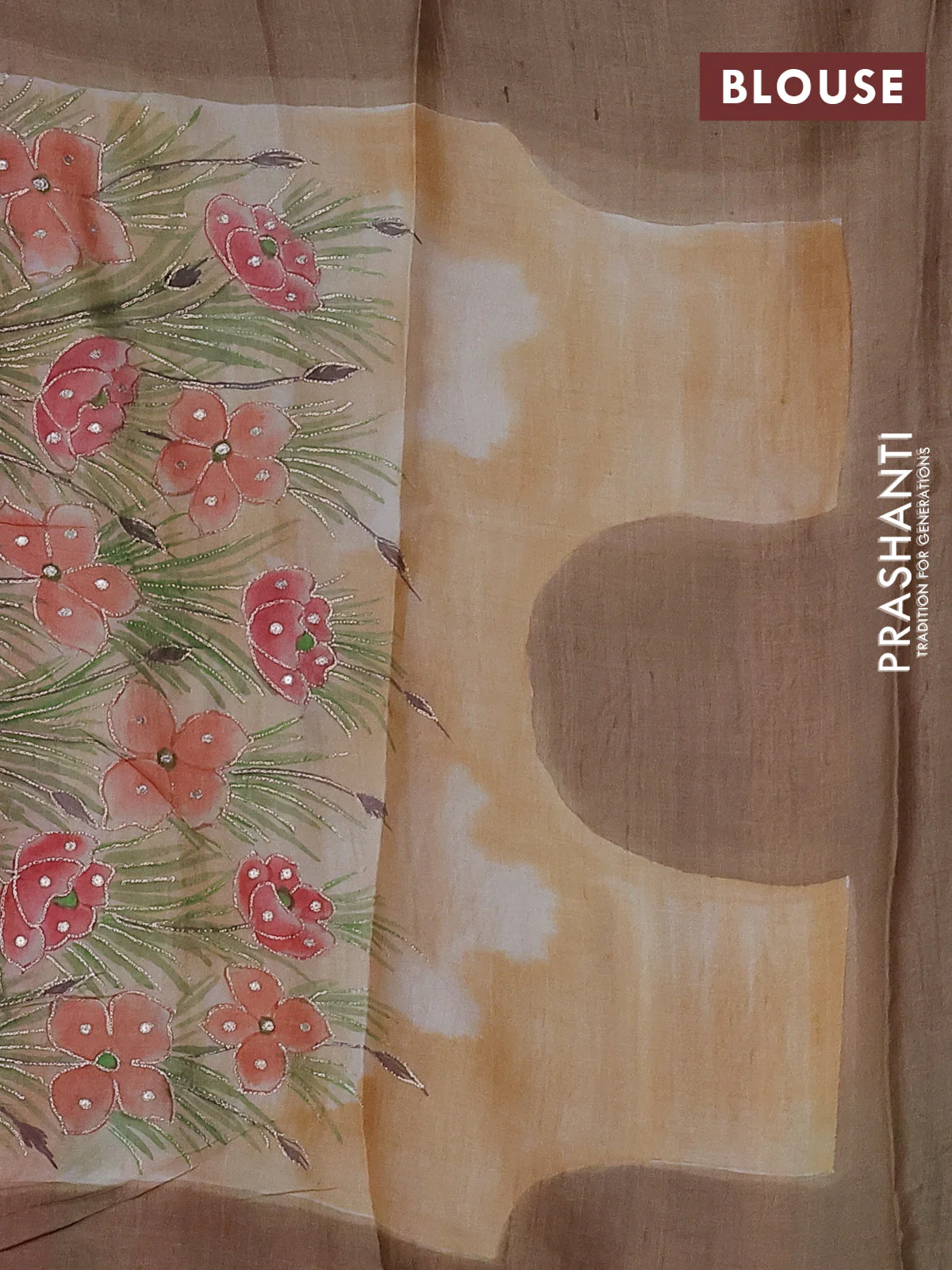 Pure tussar silk saree rustic orange and sandal with tie & dye prints & pita work and embroidery pallu - Image 4