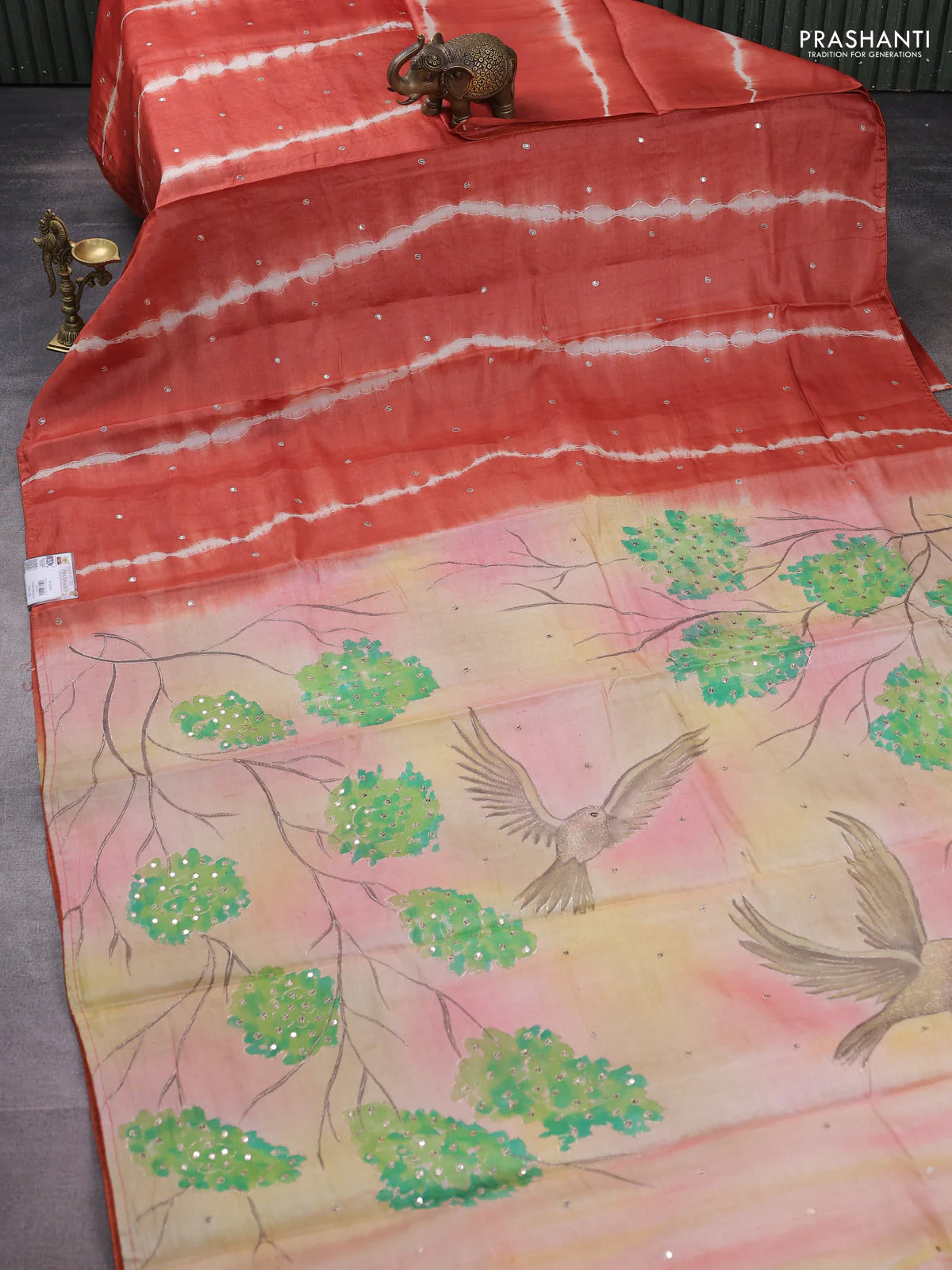 Pure tussar silk saree rustic orange and yellow with tie & dye prints and pita work pallu - Image 2