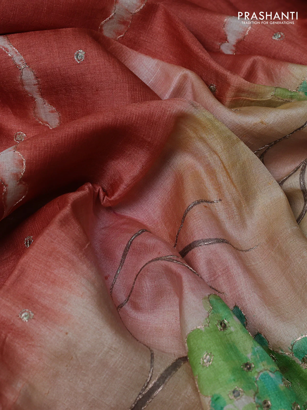 Pure tussar silk saree rustic orange and yellow with tie & dye prints and pita work pallu - Image 3