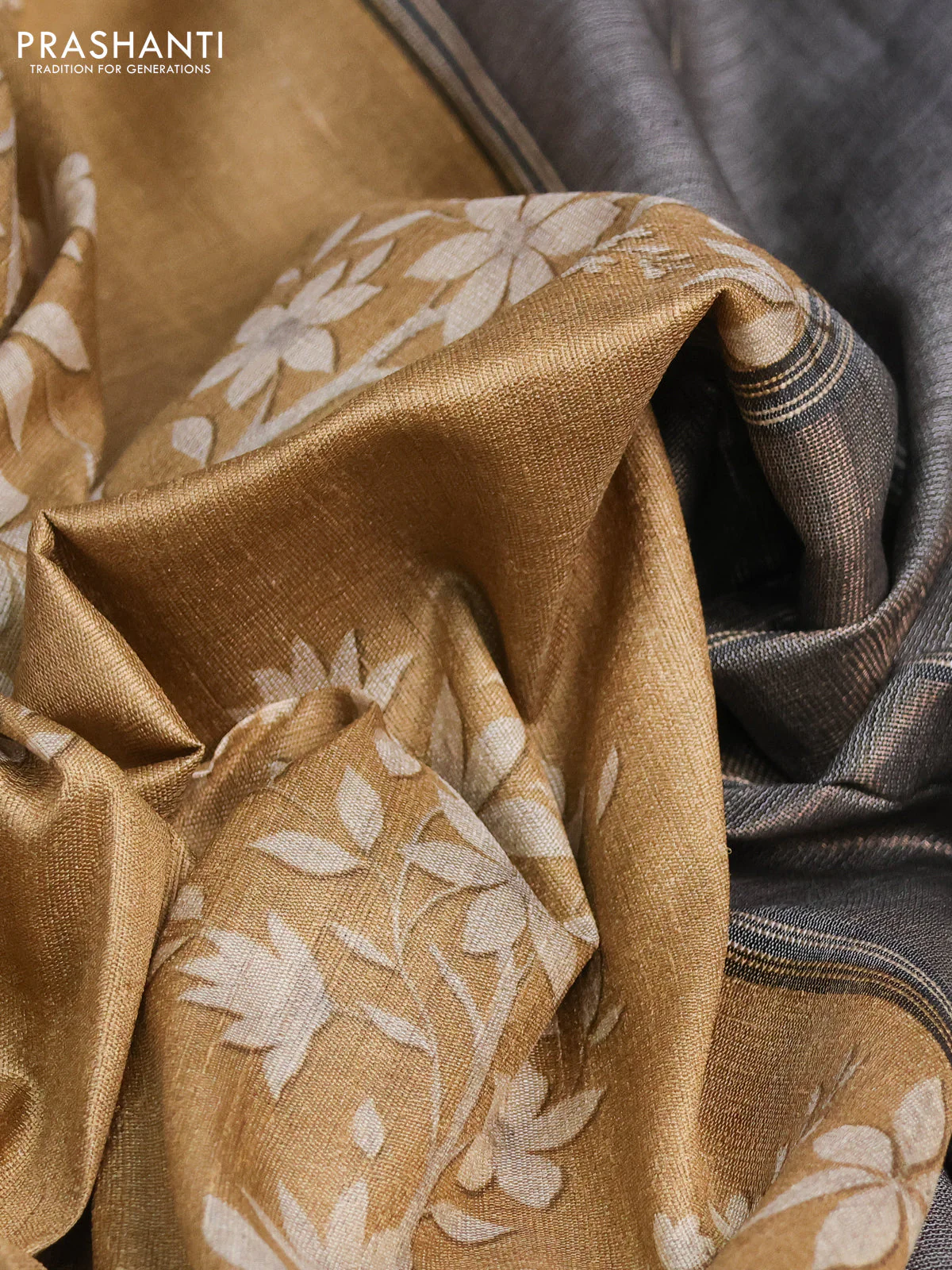 Pure tussar silk saree sandal and black with floral digital prints and temple design zari checked border - Image 2