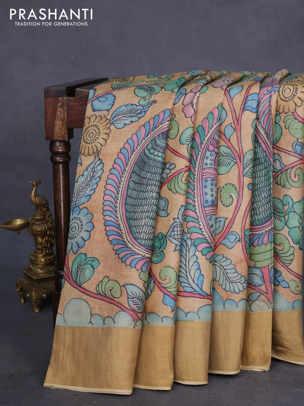 Pure tussar silk saree sandal and blue with allover penkalamkari prints and zari woven border - Image 2