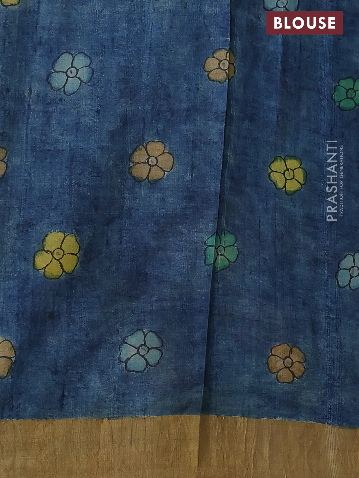 Pure tussar silk saree sandal and blue with allover penkalamkari prints and zari woven border - Image 3