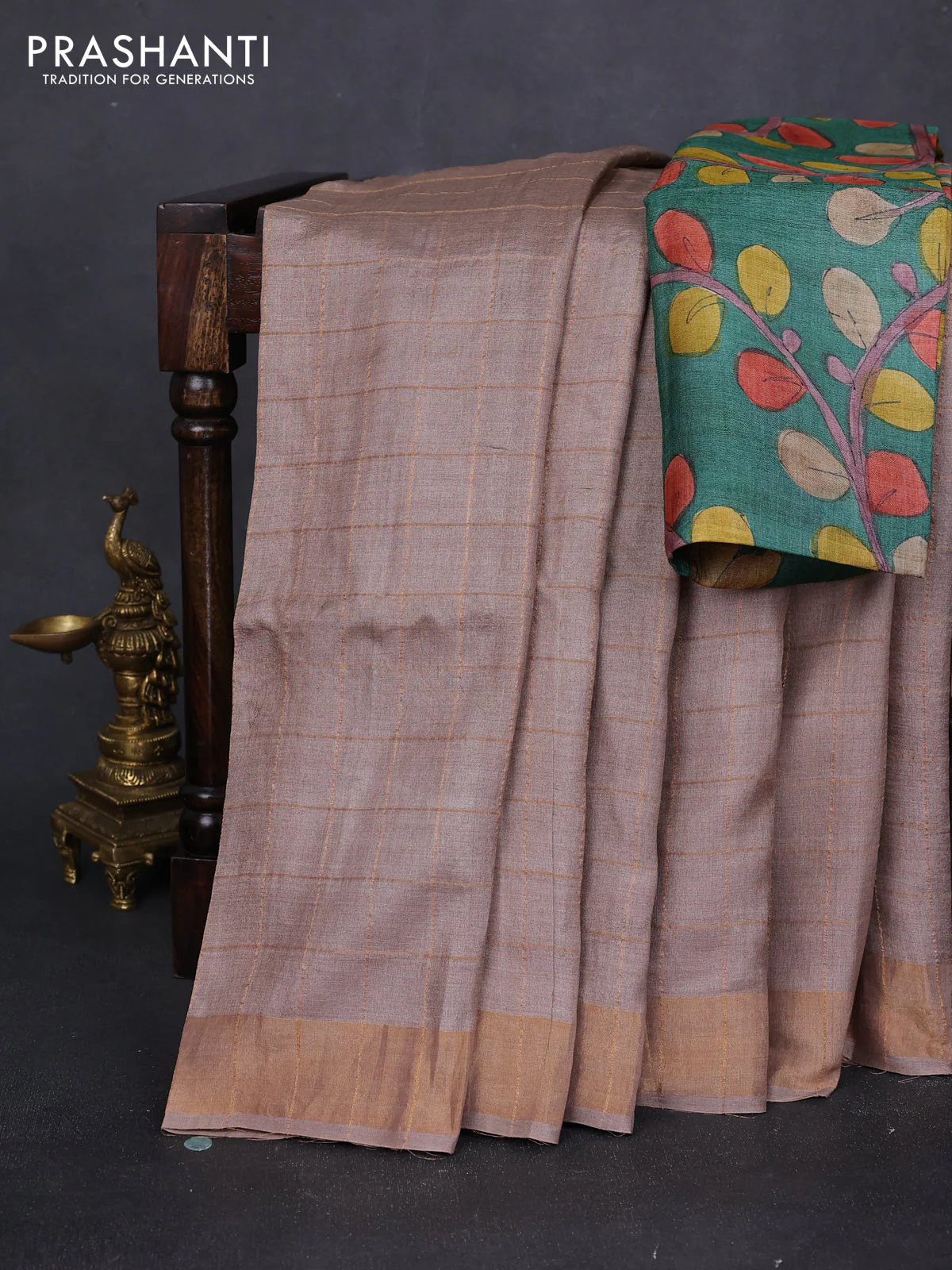 Pure tussar silk saree sandal and green with allover zari checked pattern and zari woven border