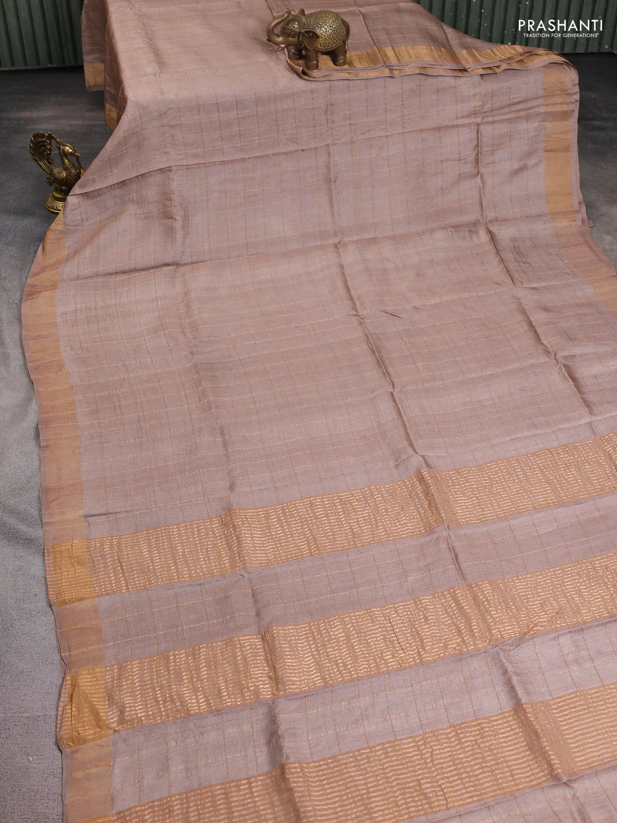 Pure tussar silk saree sandal and green with allover zari checked pattern and zari woven border - Image 2