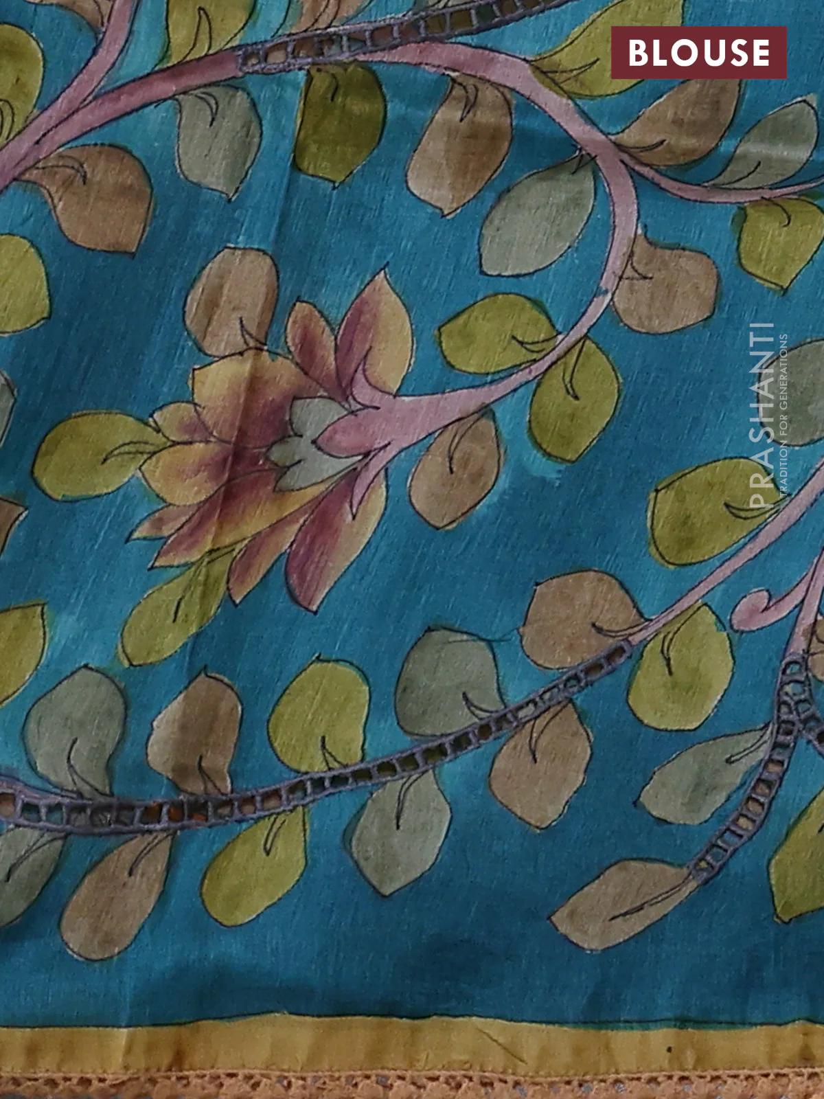Pure tussar silk saree sandal shade and teal blue with allover tie & dye prints and kalamkari prints & cut work pallu - Image 3