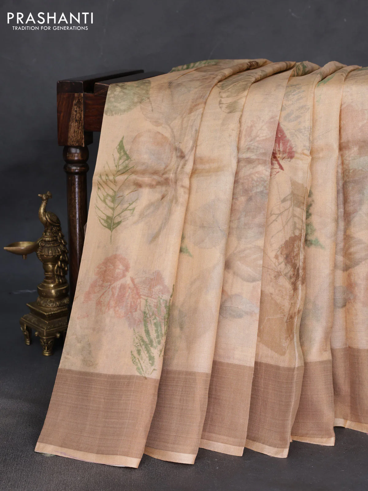 Pure tussar silk saree sandal with allover digital prints and zari woven border - Image 2