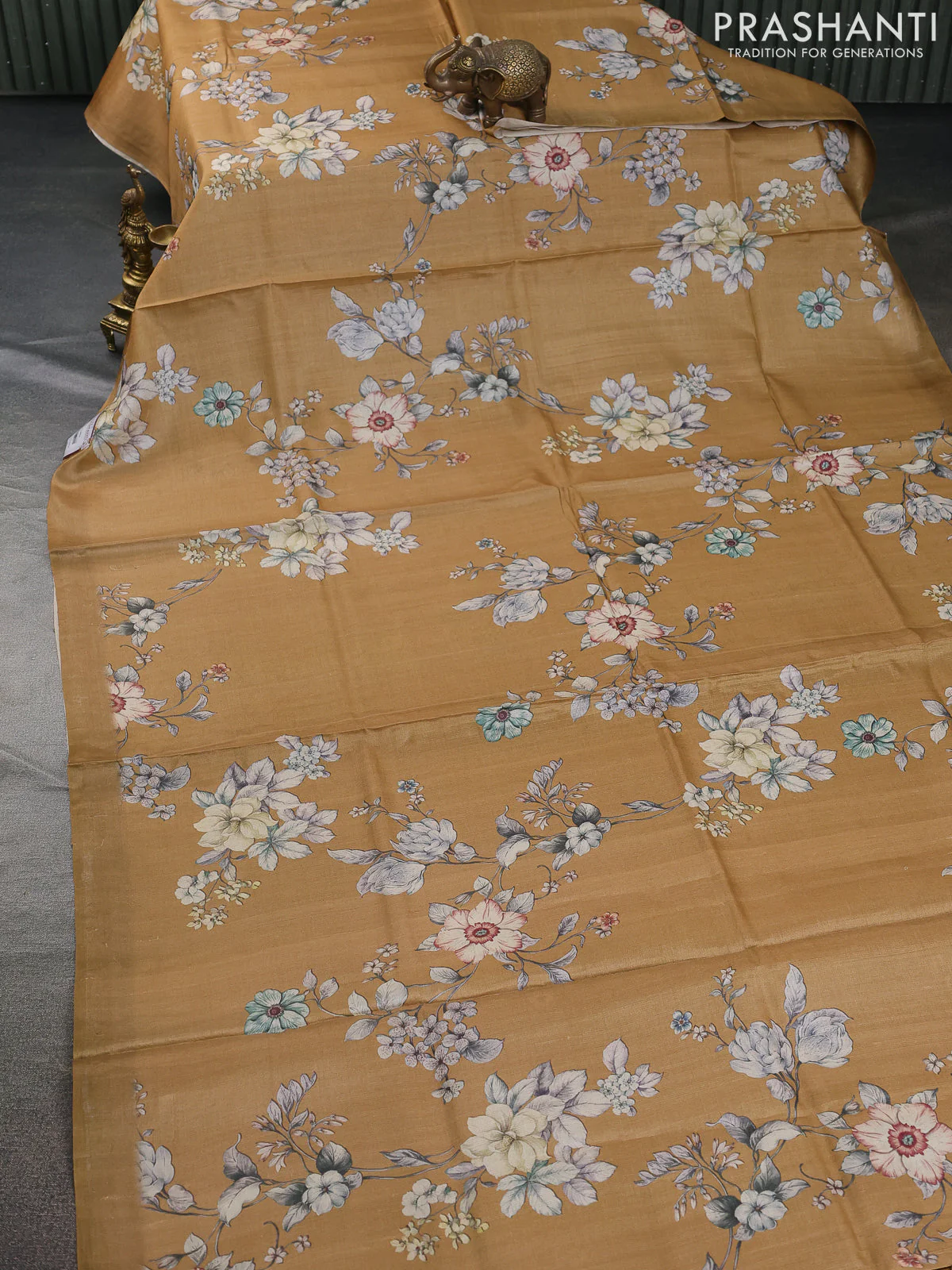 Pure tussar silk saree sandal with allover floral digital prints in borderless style - Image 2