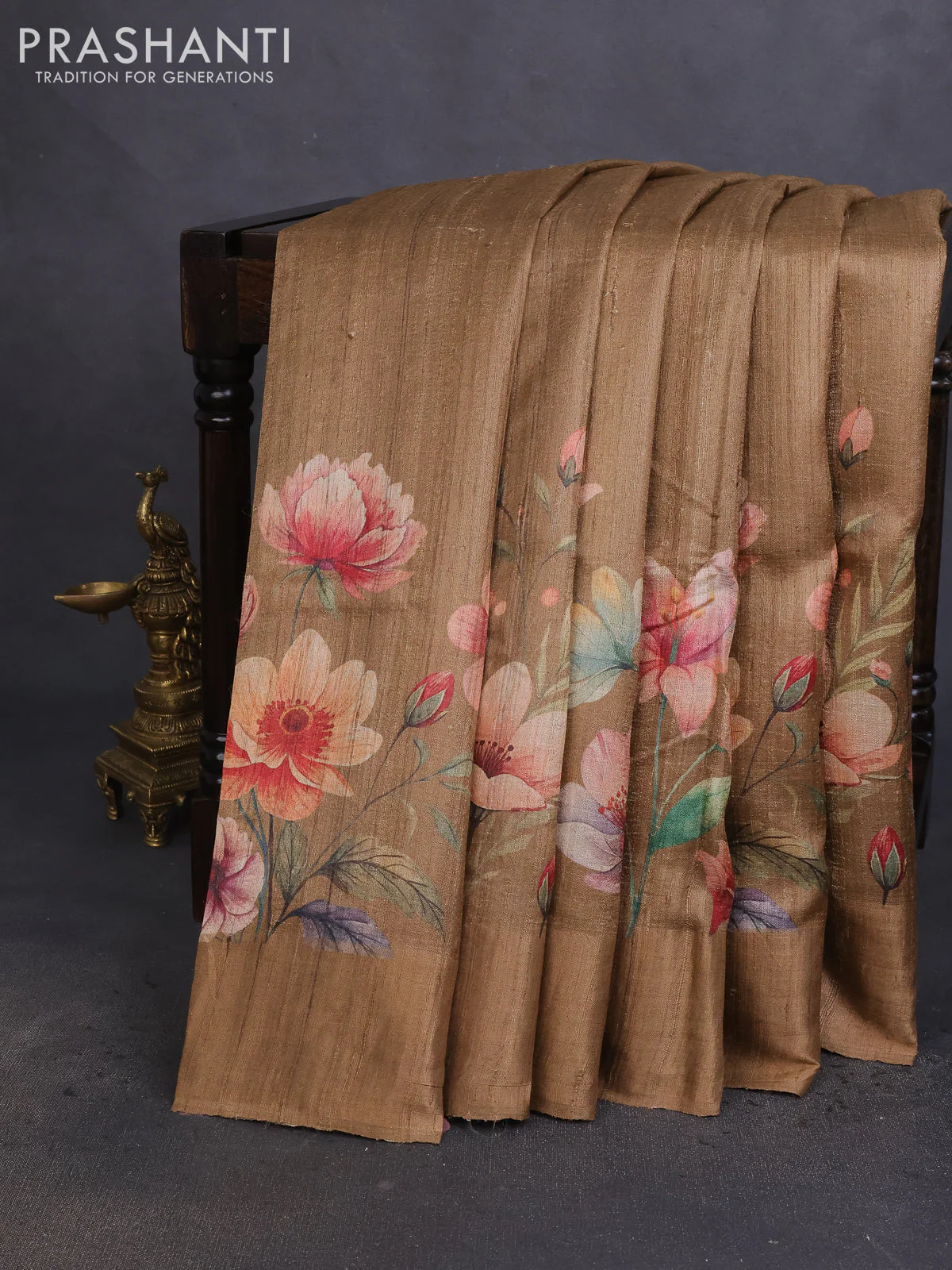 Pure tussar silk saree sandal with floral digital prints and zari woven border