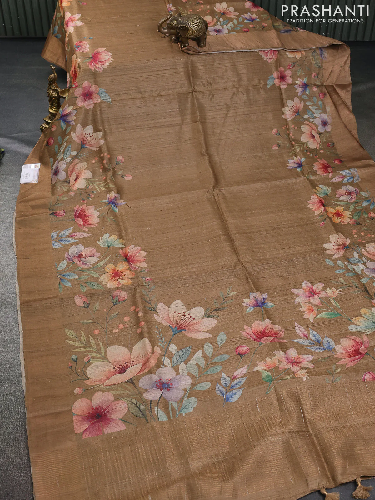 Pure tussar silk saree sandal with floral digital prints and zari woven border - Image 2