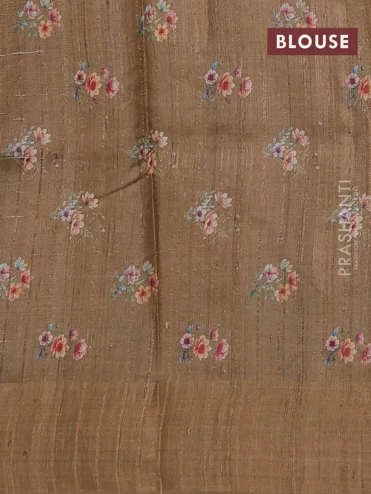 Pure tussar silk saree sandal with floral digital prints and zari woven border - Image 3