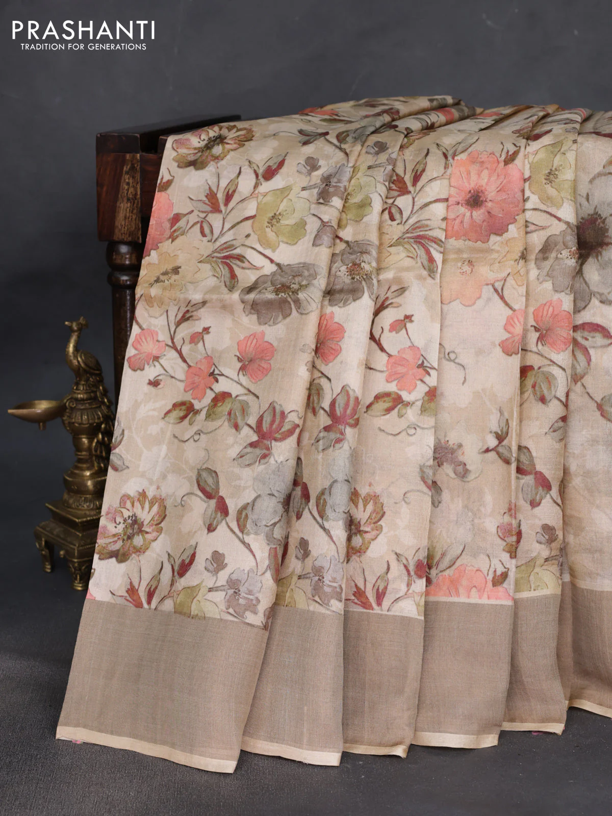 Pure tussar silk saree sandal with floral digital prints and zari woven border - Image 2