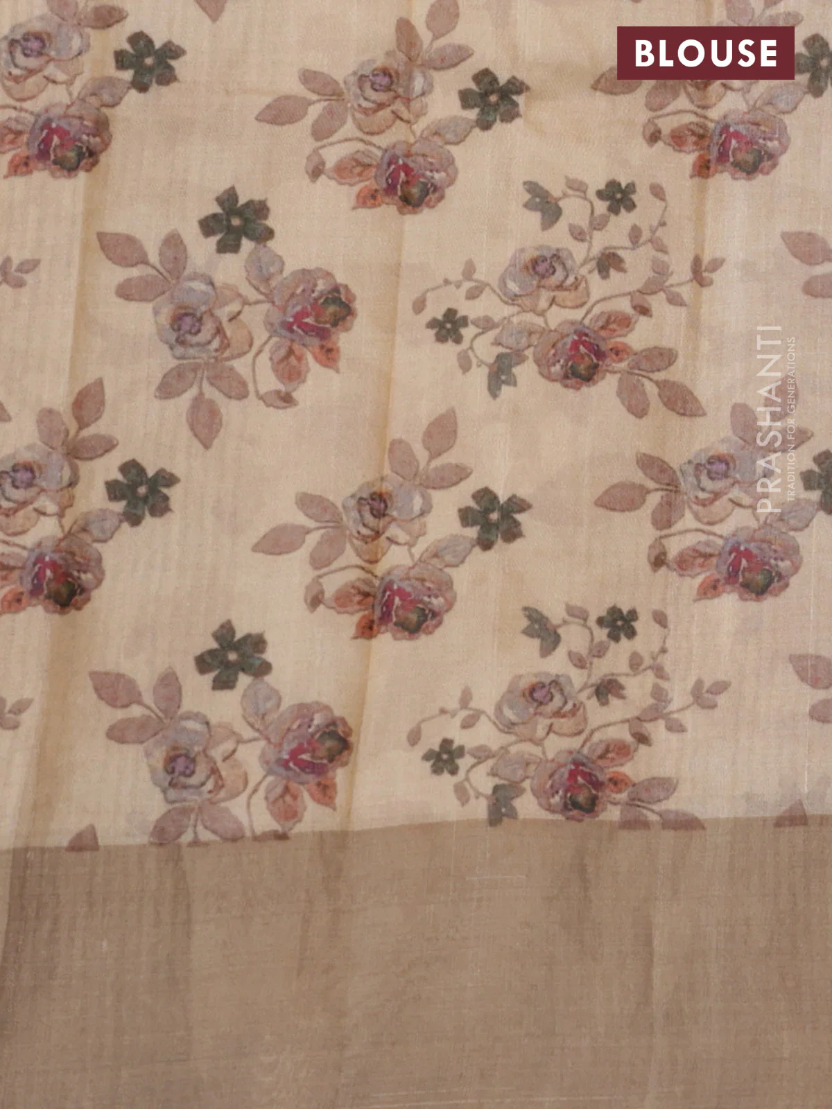 Pure tussar silk saree sandal with floral digital prints and zari woven border - Image 3