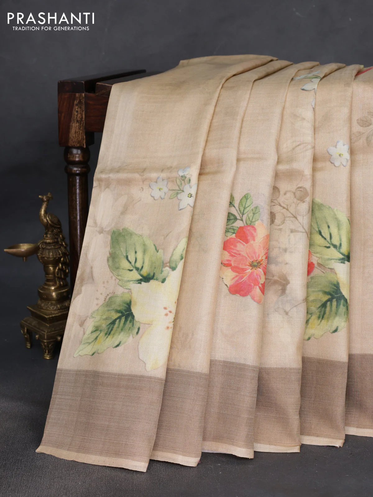 Pure tussar silk saree sandal with floral digital prints and zari woven border - Image 2