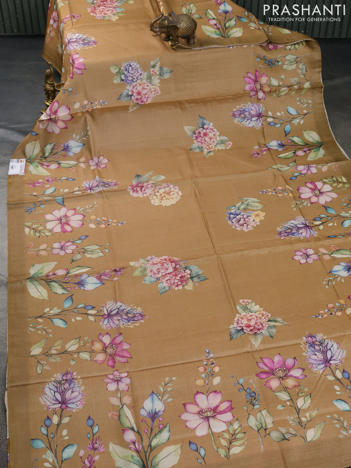 Pure tussar silk saree sandal with floral digital prints in borderless style - Image 2