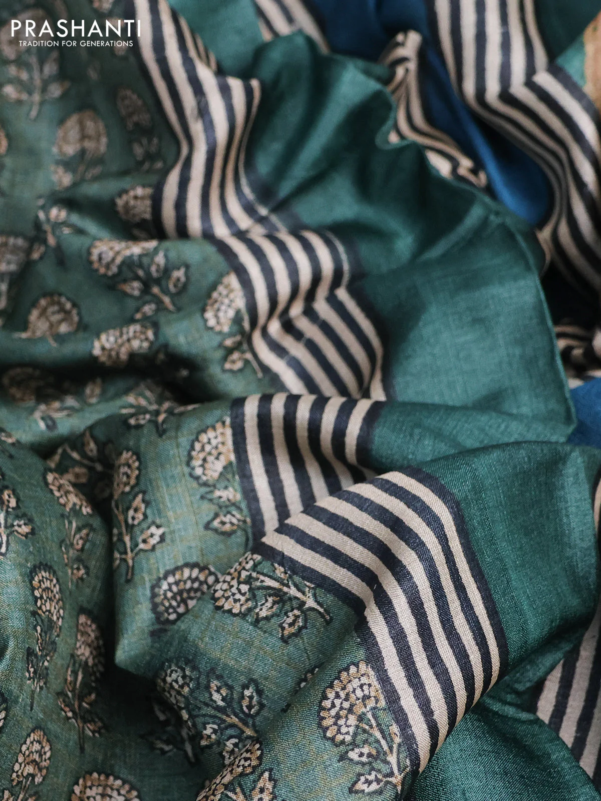 Pure tussar silk saree sap green and multi colour with butta prints and printed border - Image 2