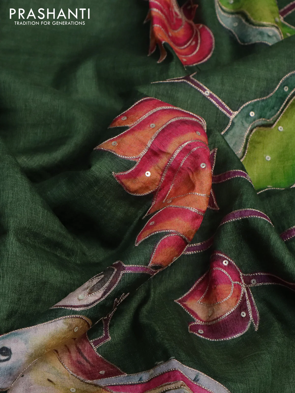 Pure tussar silk saree sap green with pichwai prints & pita work - Image 2