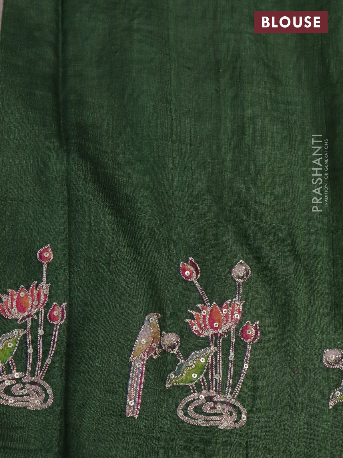 Pure tussar silk saree sap green with pichwai prints & pita work - Image 3