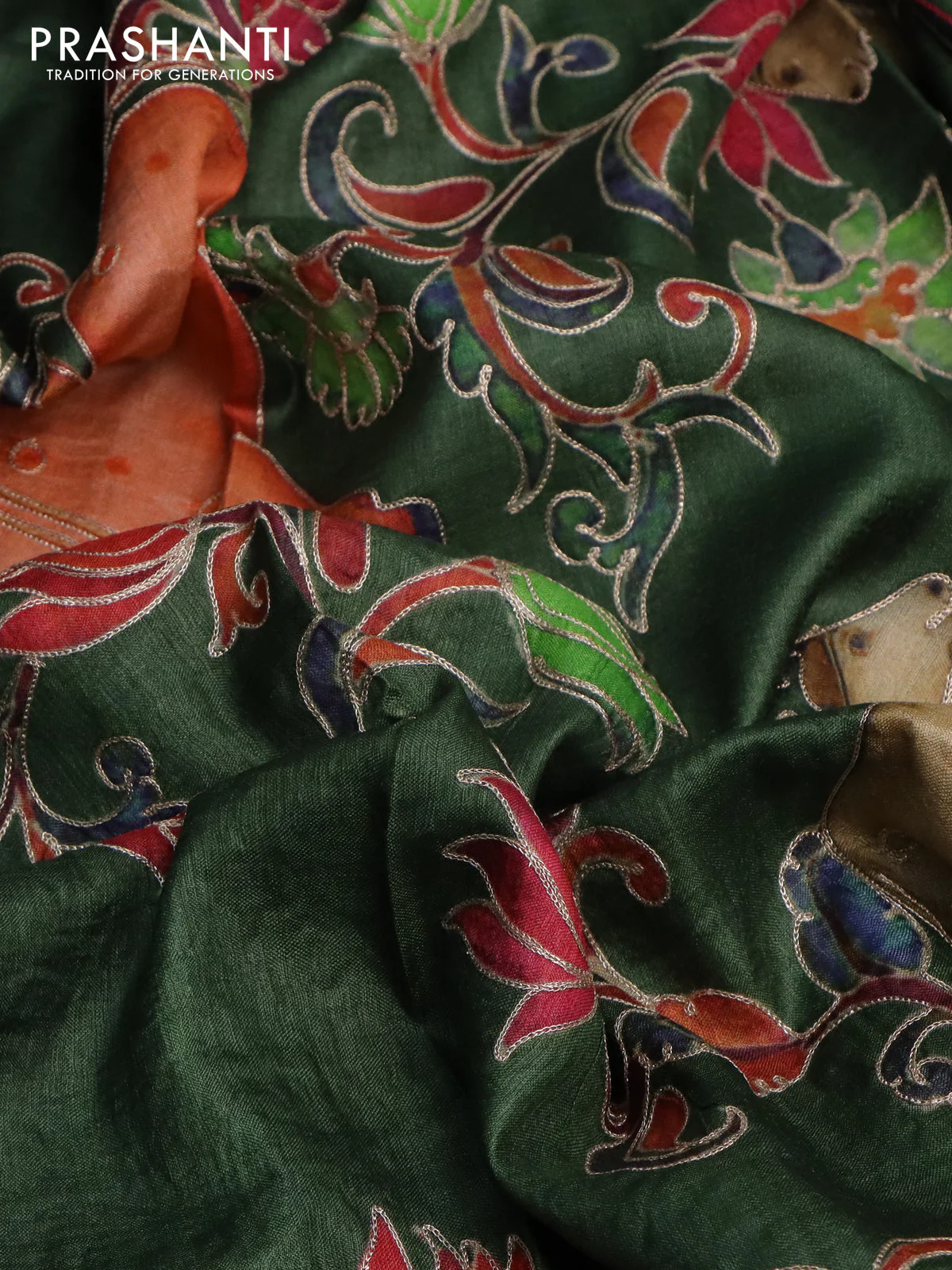 Pure tussar silk saree sap green with pichwai prints & pita work - Image 2