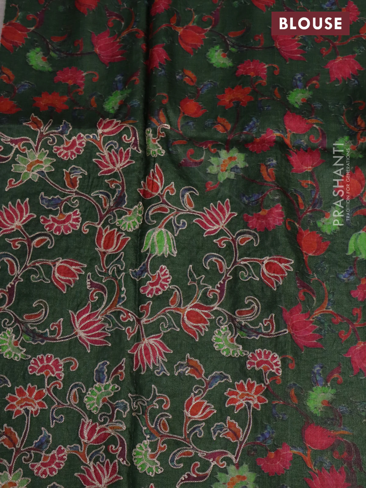 Pure tussar silk saree sap green with pichwai prints & pita work - Image 3
