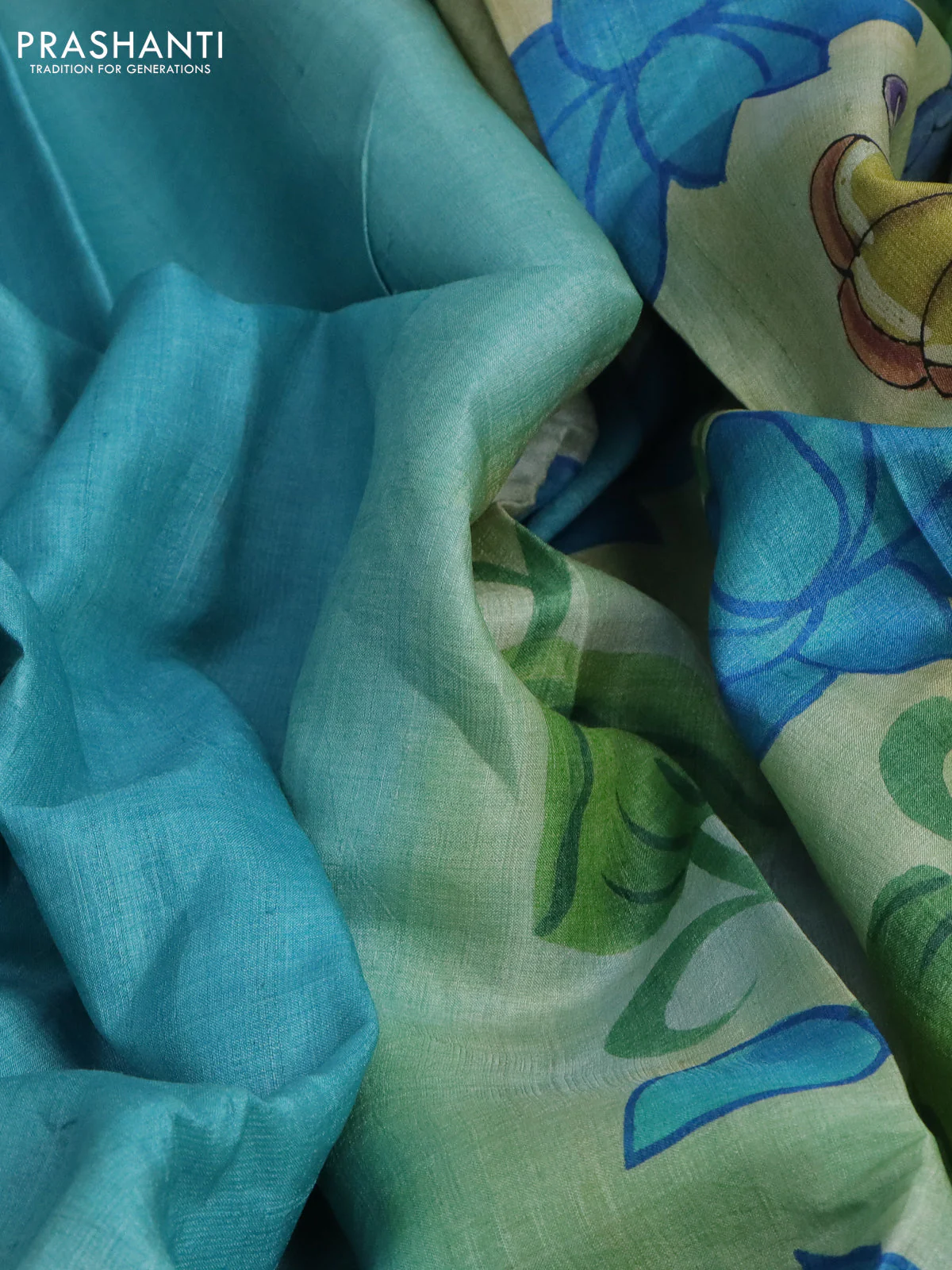 Pure tussar silk saree teal blue and bluish grey with plain body and pichwai hand painted pallu & border - Image 2