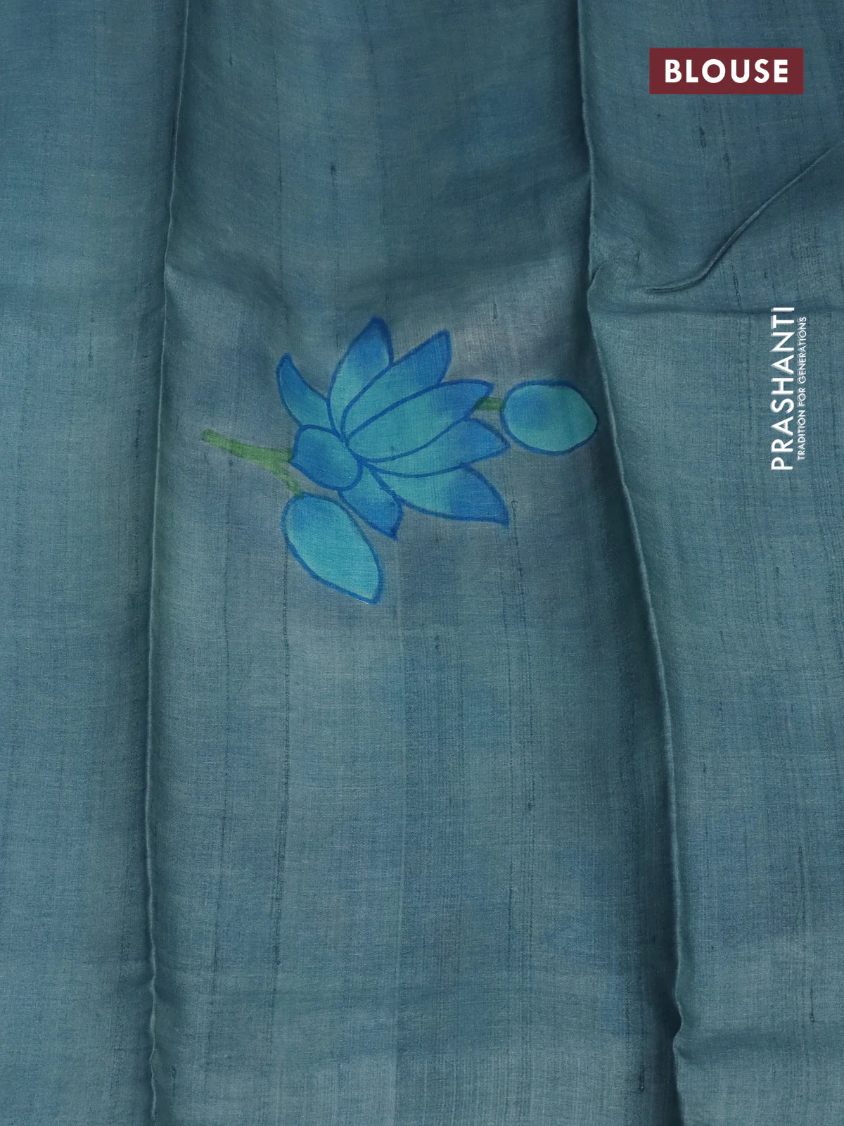 Pure tussar silk saree teal blue and bluish grey with plain body and pichwai hand painted pallu & border - Image 3