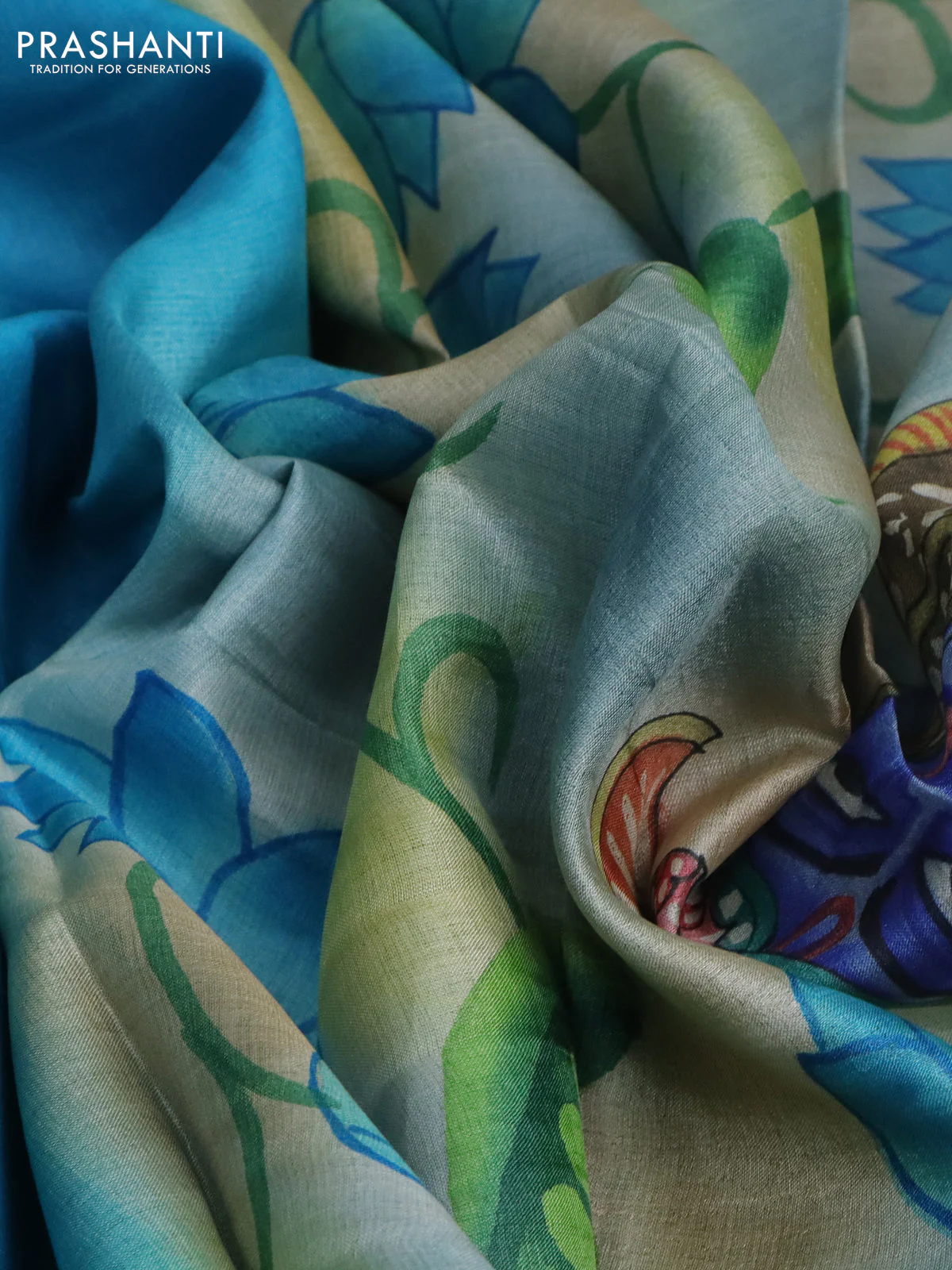 Pure tussar silk saree teal blue and bluish grey with plain body and pichwai hand painted pallu & border - Image 2