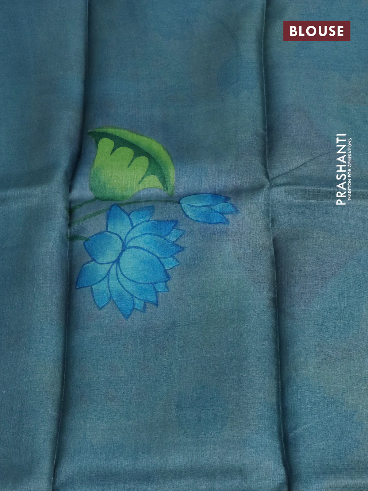 Pure tussar silk saree teal blue and bluish grey with plain body and pichwai hand painted pallu & border - Image 3