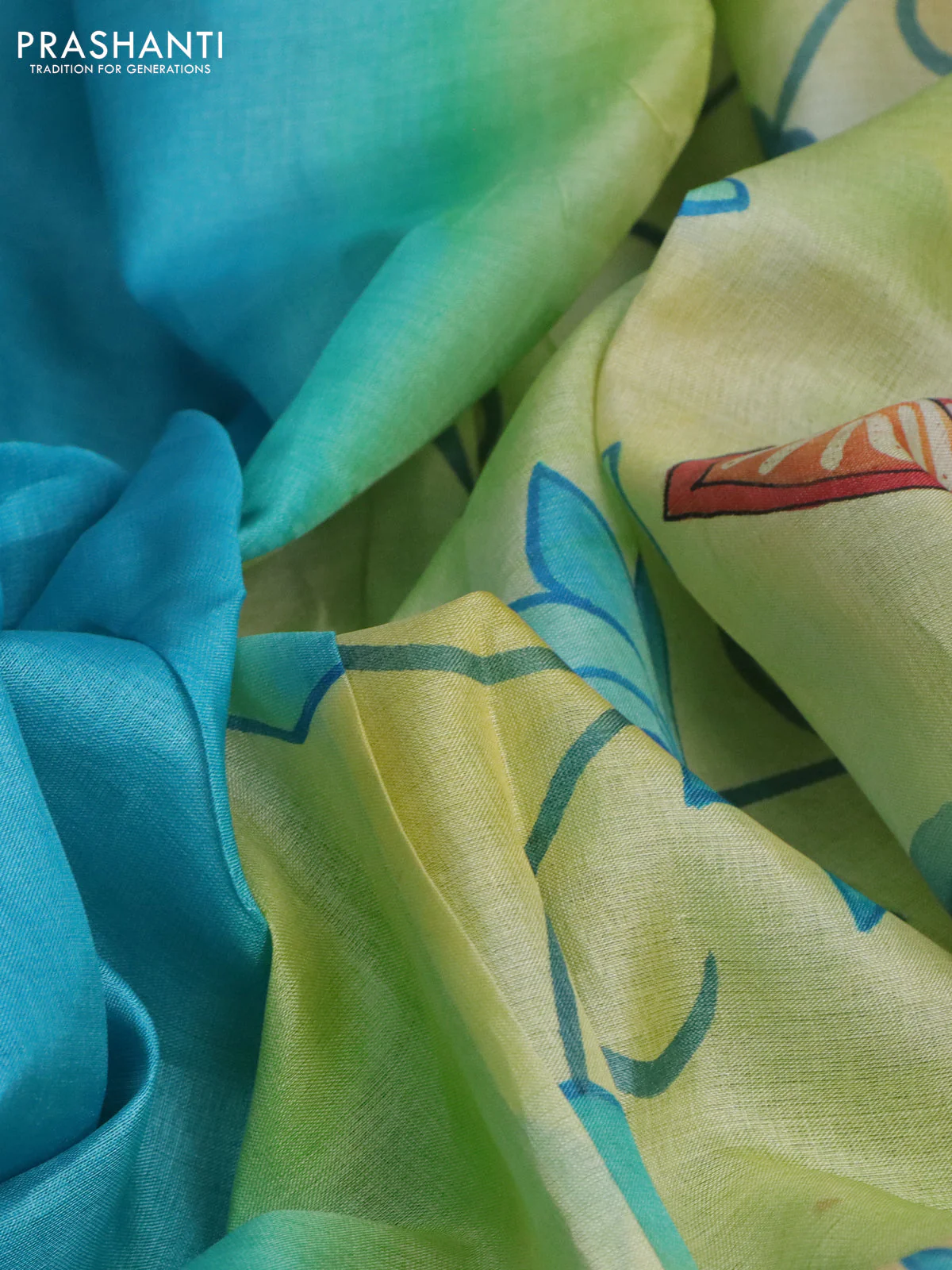 Pure tussar silk saree teal blue and green shade with plain body and pichwai hand painted pallu & border - Image 2